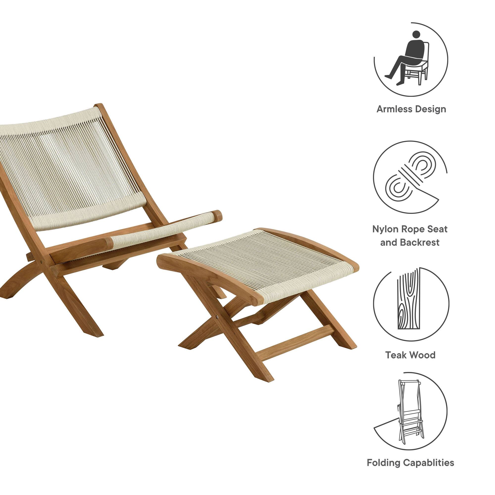 - Armless Design
- Nylon Rope Seat and Backrest
- Teak Wood
- Folding Capabilities