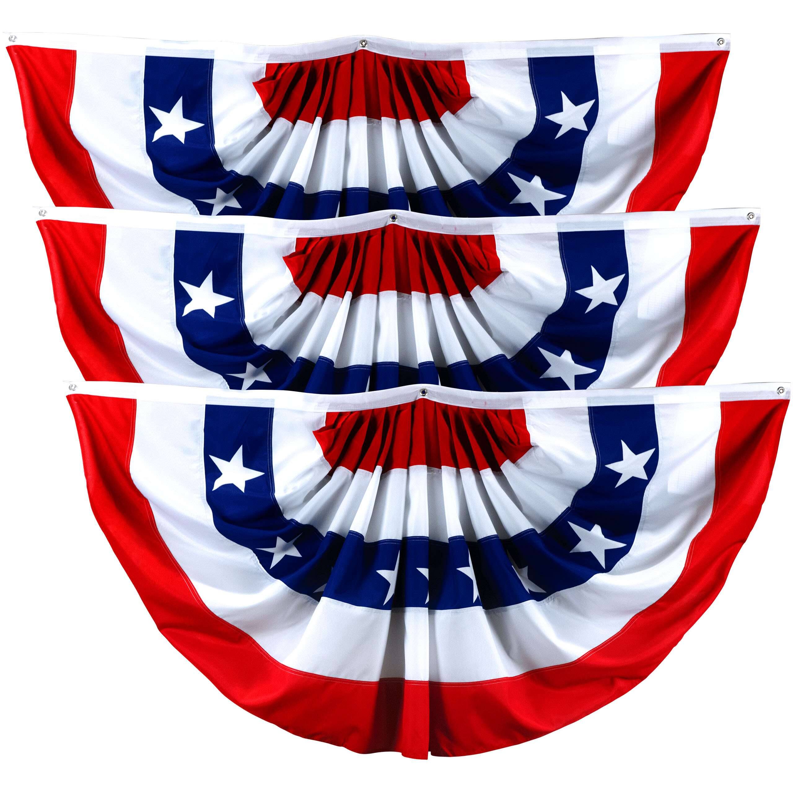 Front. G128 - 3-Pack USA Pleated Fan Flags, 2 x 4 ft Bunting with Canvas Header and Brass Grommets. - Red, White, Blue.