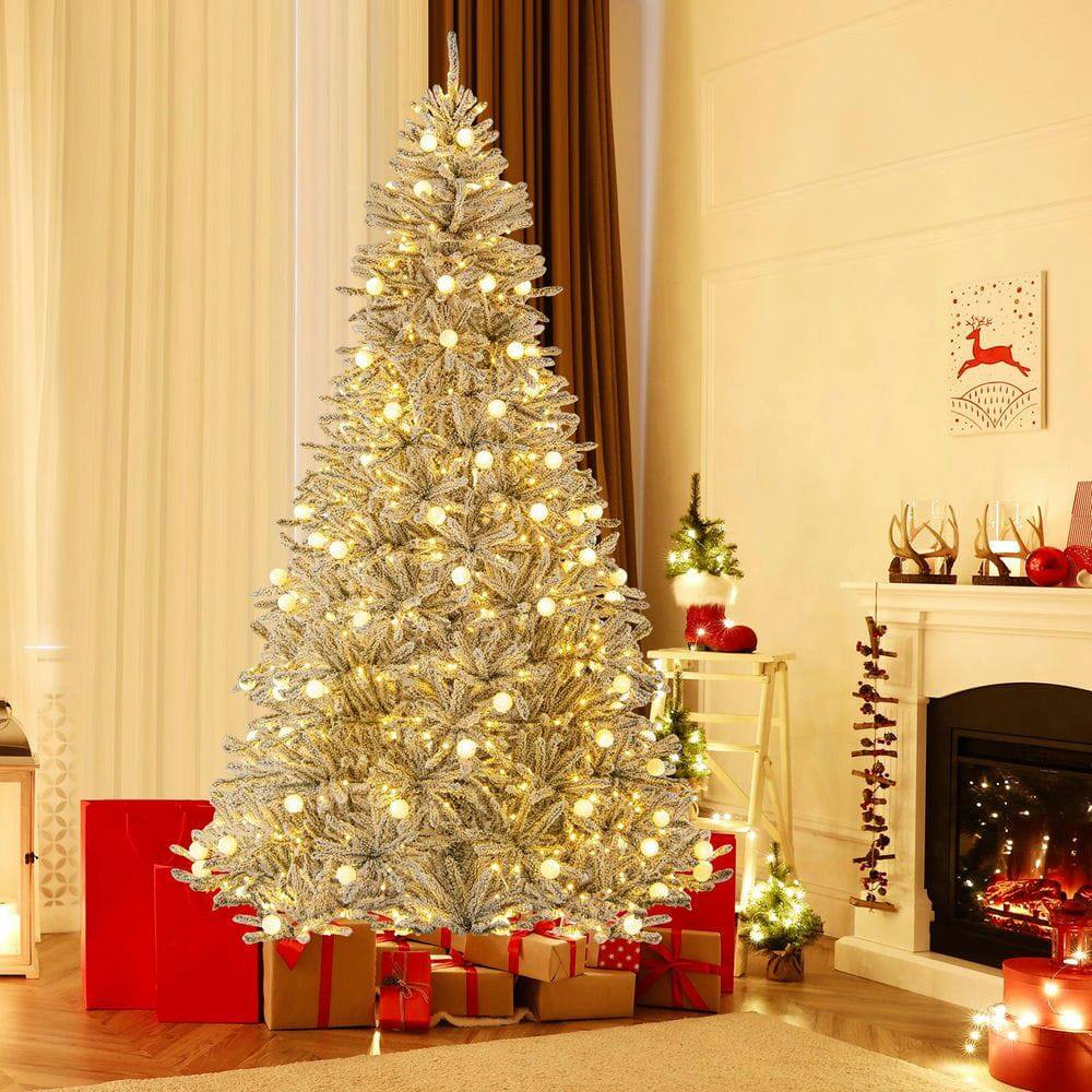 Back. Resenkos - Resenkos 8-Ft Pre-Lit Snow Flocked Artificial Christmas Tree - Remote Control, Green/White - Green.