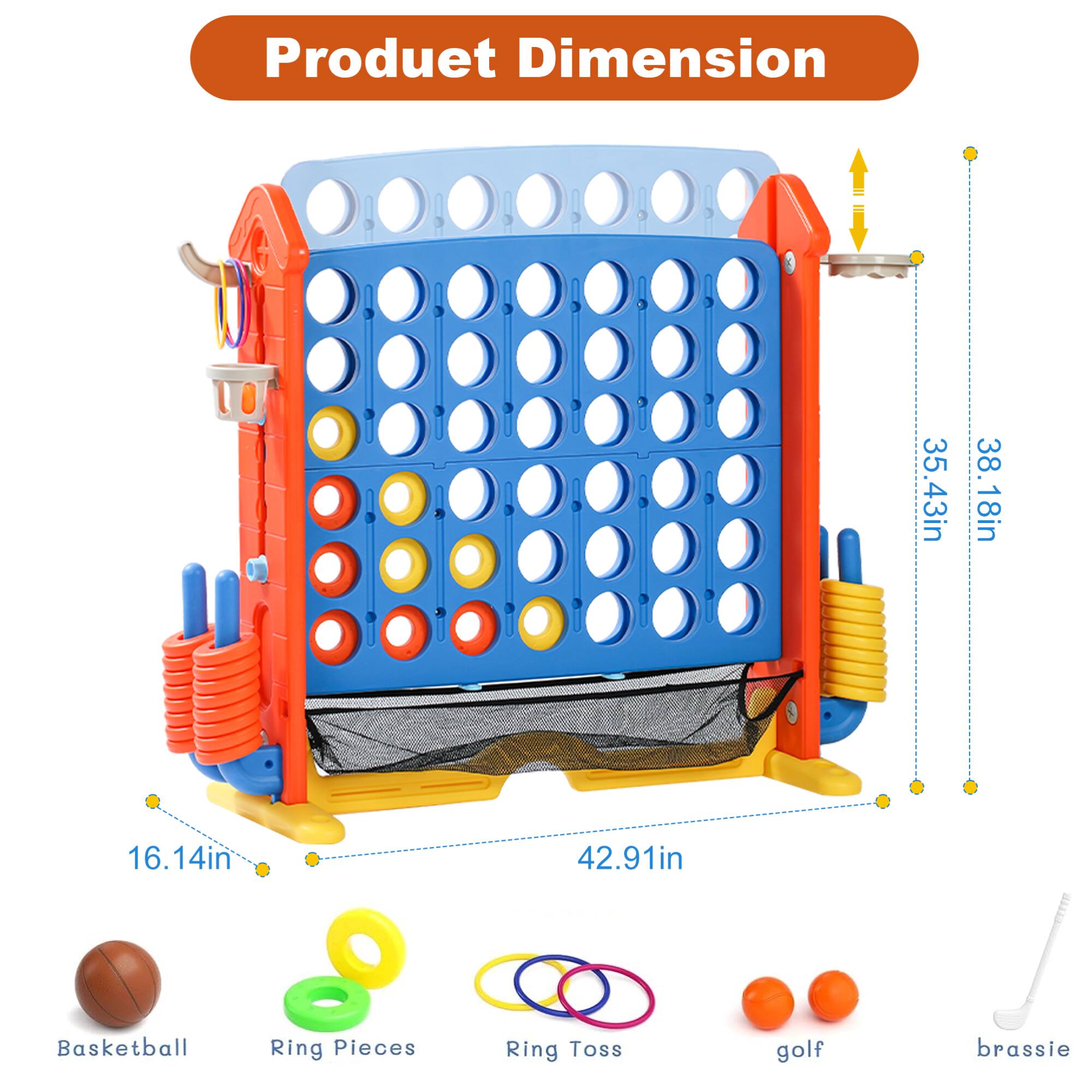 Product Dimension

- 35.43in
- 38.18in
- 42.91in
- 16.14in

Basketball Ring Pieces Ring Toss golf brassie