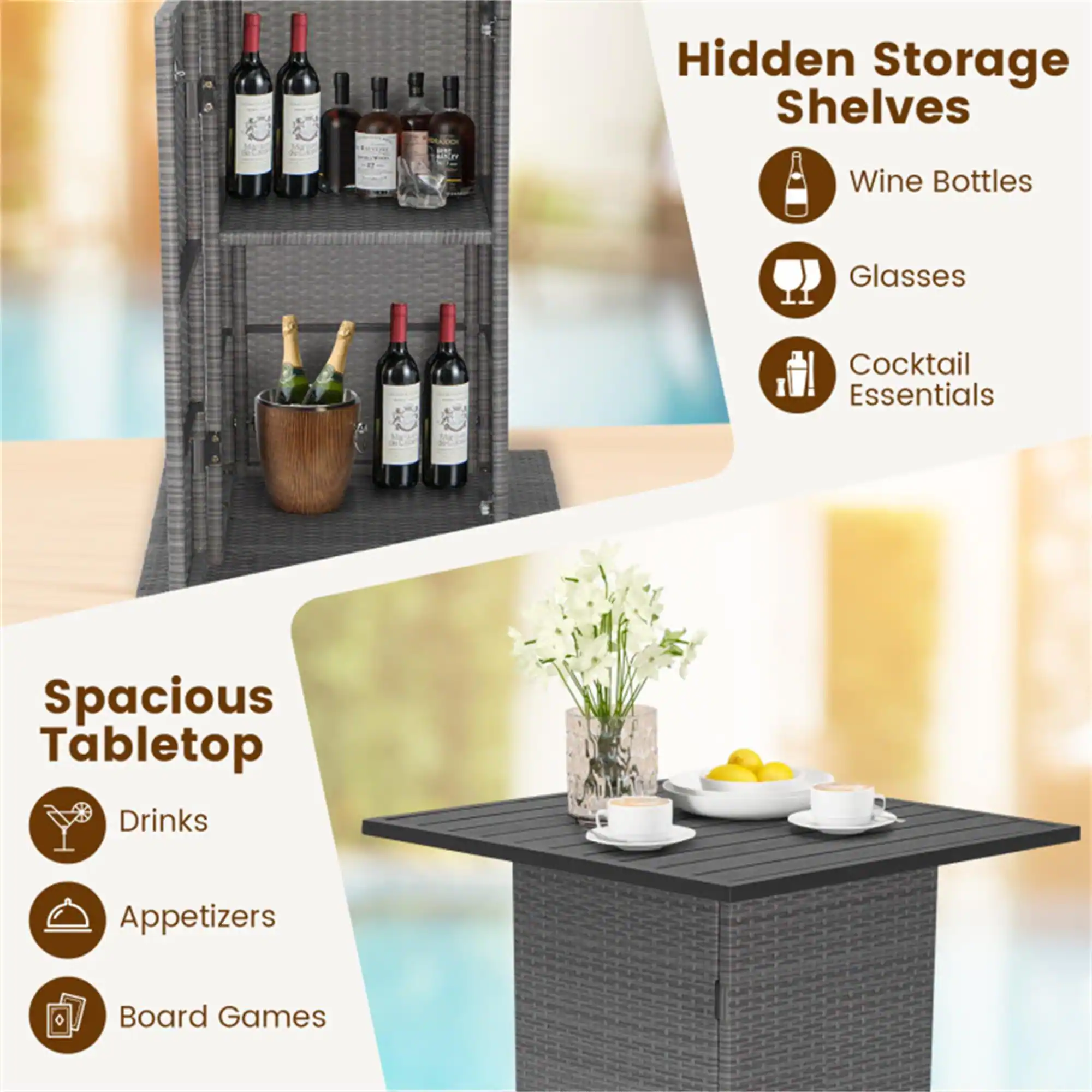 Hidden Storage Shelves  
- Wine Bottles  
- Glasses  
- Cocktail Essentials  

Spacious Tabletop  
- Drinks  
- Appetizers  
- Board Games