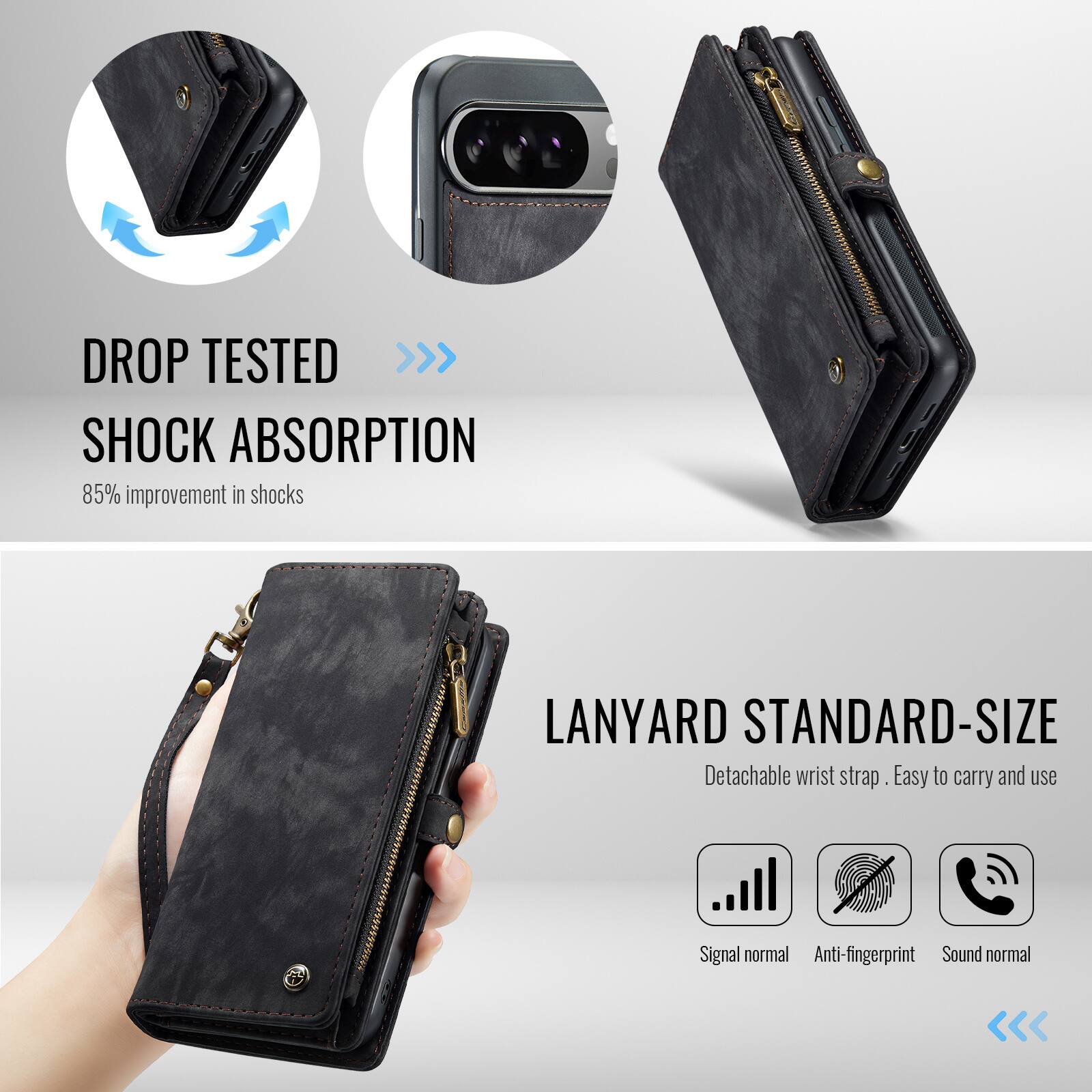 DROP TESTED >>> SHOCK ABSORPTION  
85% improvement in shocks  

LANYARD STANDARD-SIZE  
Detachable wrist strap  
Easy to carry and use  

Signal normal  
Anti-fingerprint  
Sound normal