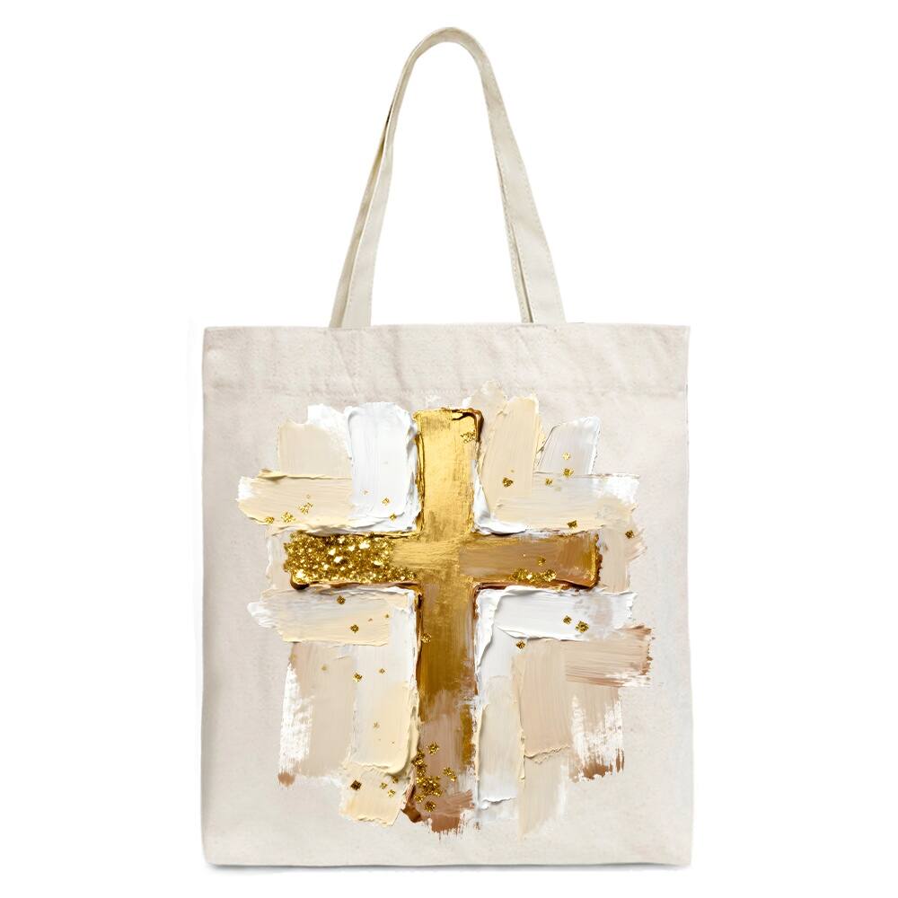 Front. OrnamentallyYou - Oil Brushstroke Cross Canvas Tote Bag, Christian Faith Jesus Easter Gift Shopper - Beige.