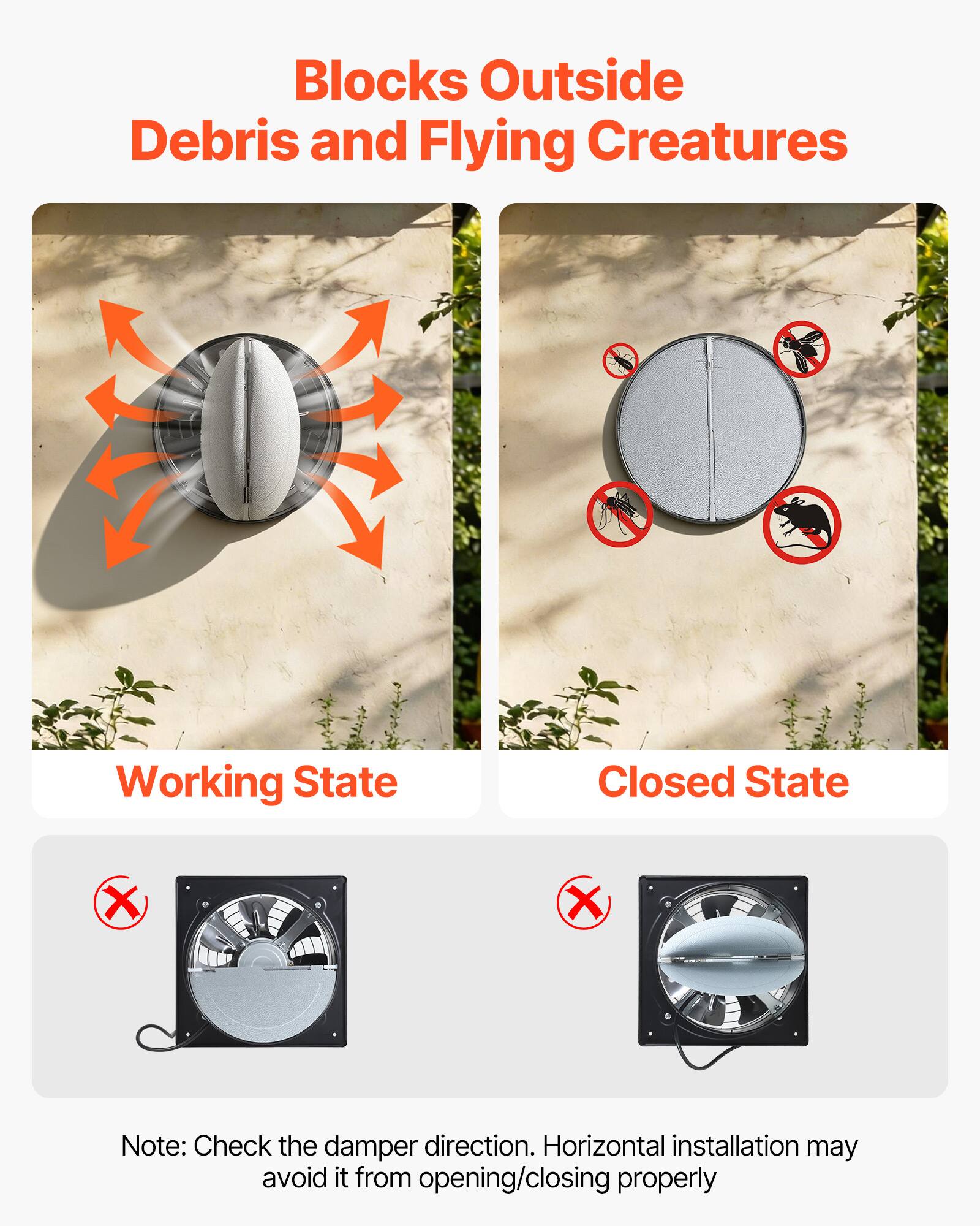 Blocks Outside Debris and Flying Creatures

Working State

Closed State

Note: Check the damper direction. Horizontal installation may avoid it from opening/closing properly