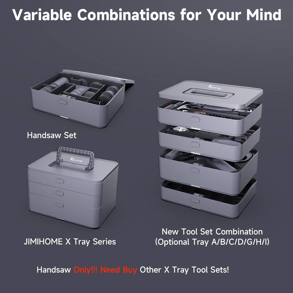 Variable Combinations for Your Mind

Handsaw Set

JIMIHOME X Tray Series

New Tool Set Combination (Optional Tray A/B/C/D/G/H/I)

Handsaw Only!!! Need Buy Other X Tray Tool Sets!