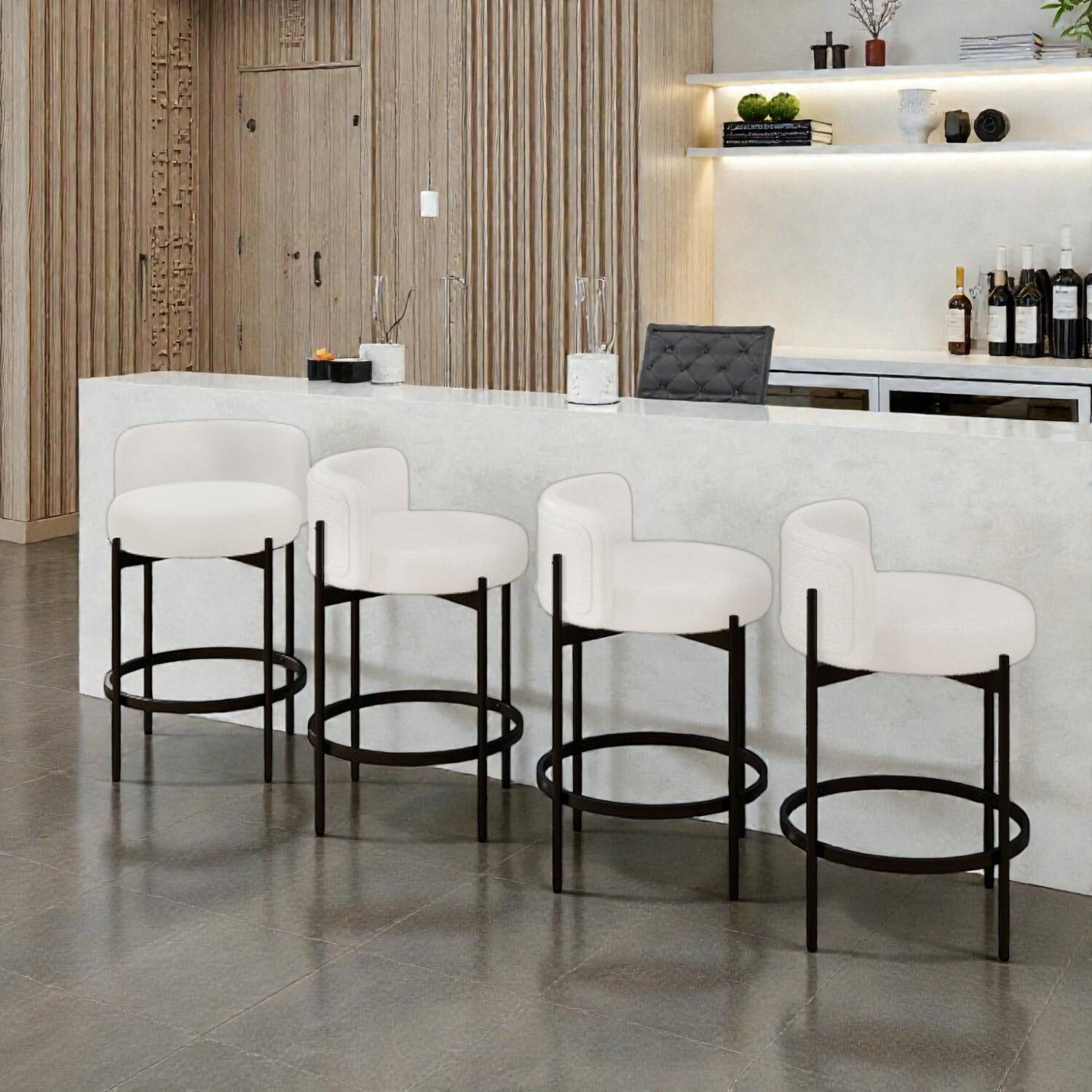 Front. Hivvago - Contemporary 24-Inch Boucle Counter Chairs with Elegant Curved Back - Set of 4 - White.