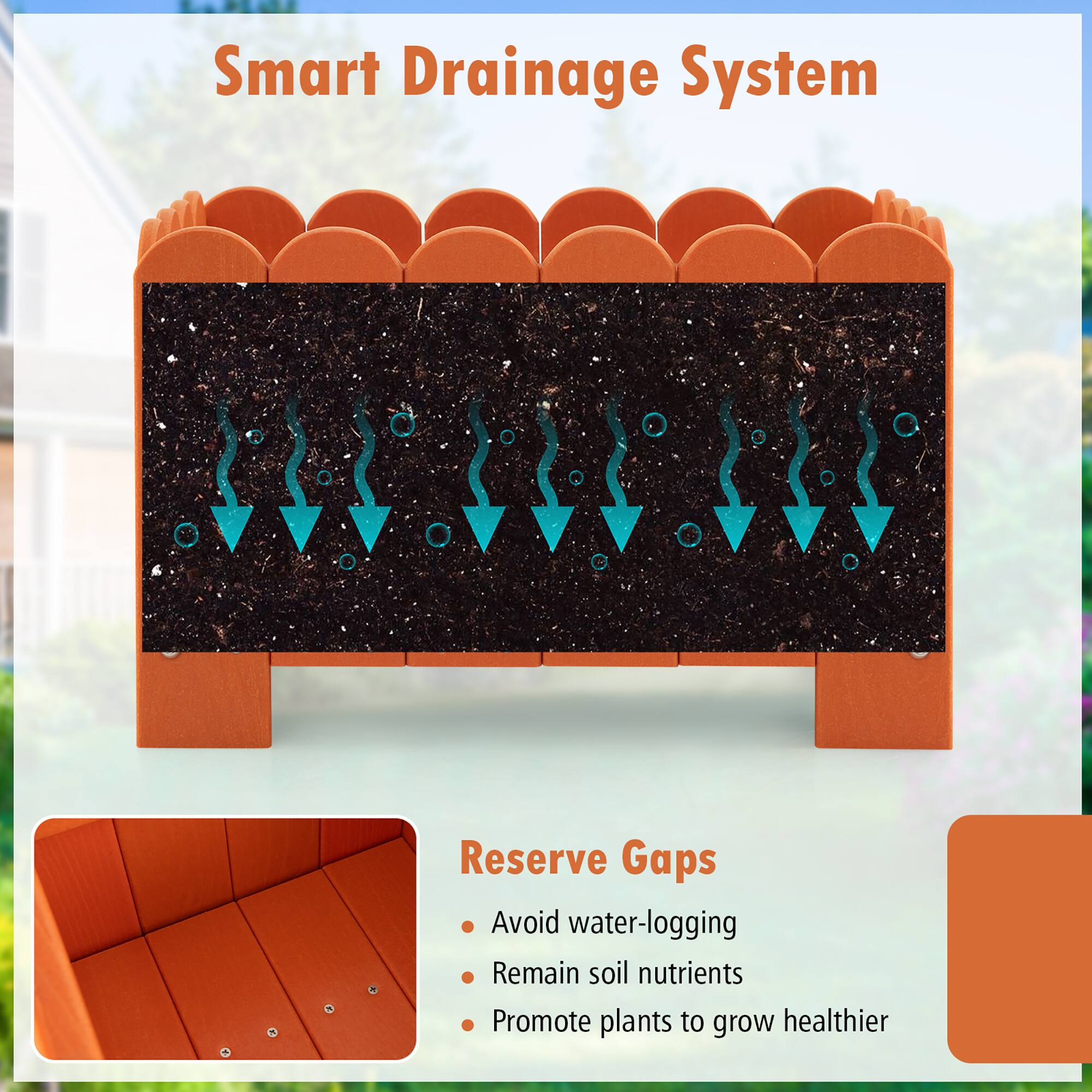 Smart Drainage System

Reserve Gaps
- Avoid water-logging
- Retain soil nutrients
- Promote plants to grow healthier