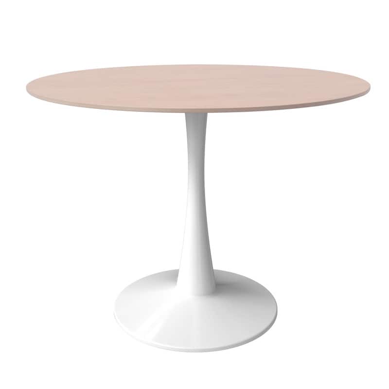 LeisureMod - Bristol 35 in. Round MDF Wood Dining Table in Stainless Steel Pedestal Base Modern Kitchen Table - White/Natural Wood