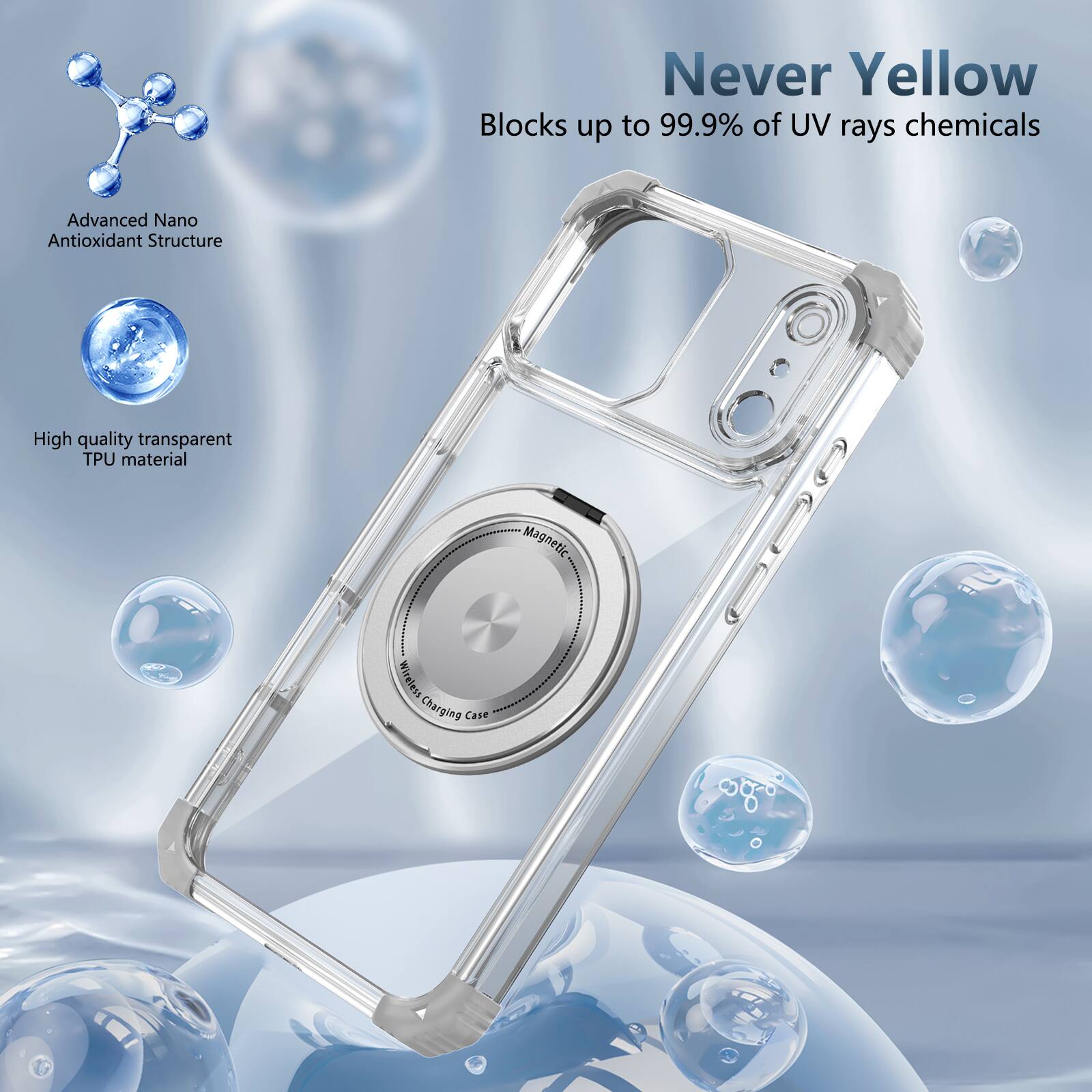 Never Yellow  
Blocks up to 99.9% of UV rays chemicals  
Advanced Nano Antioxidant Structure  
High quality transparent TPU material  
Magnetic Wireless Charging Case