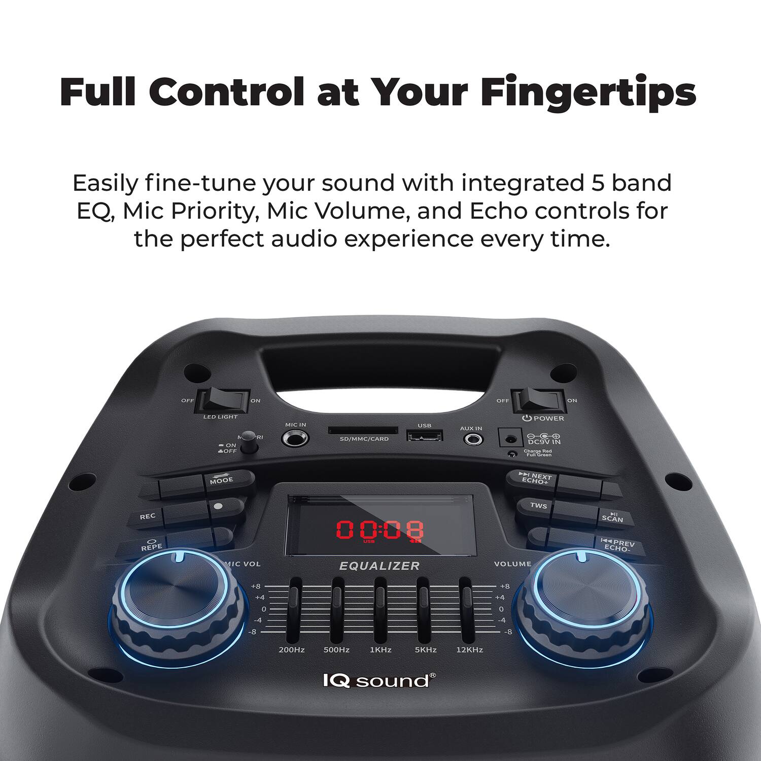 Full Control at Your Fingertips

Easily fine-tune your sound with integrated 5 band EQ, Mic Priority, Mic Volume, and Echo controls for the perfect audio experience every time.

UrF u LTT on .... LIGIET . ON AOFT .1 MA N SIVMME/PAR uSB ALTE  POWER  DCUV tna - - - BOOM a NEXT ECHOS REC REPE MIC VOL 0 30:0 EQUALIZER TWS VOLUME FI SCAN SPREV ECHO. 40 sU +d + 0 O  4 -8 -H4 200H 500Hz 1KHZ SKHI 12KHz IQ sound