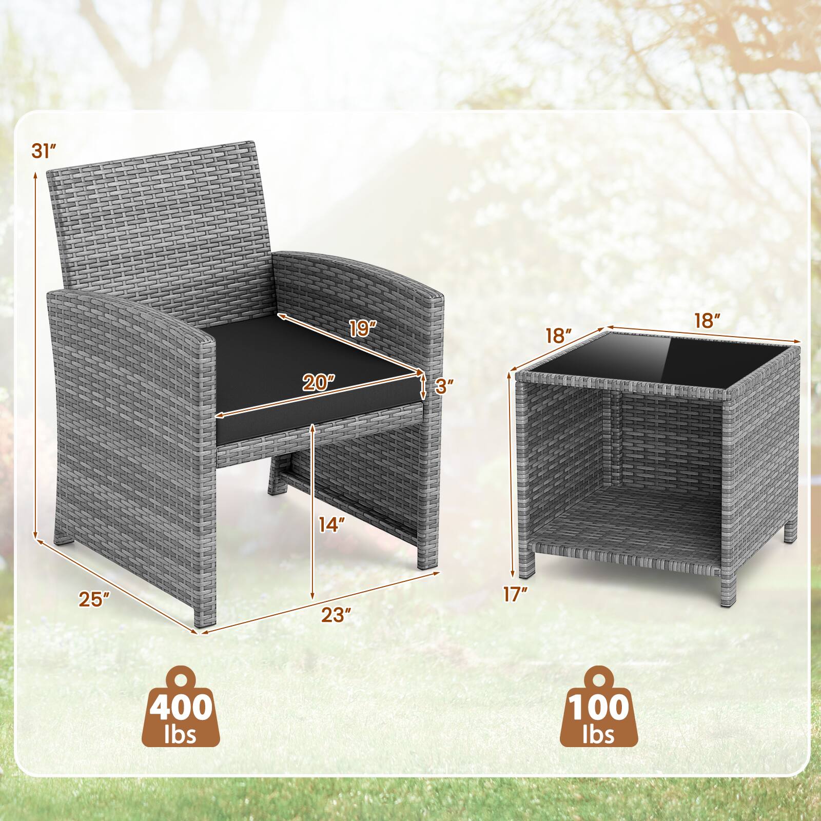 31", 19", 18", 18", 20", 3", 14", 25", 23", 17", 400 lbs, 100 lbs