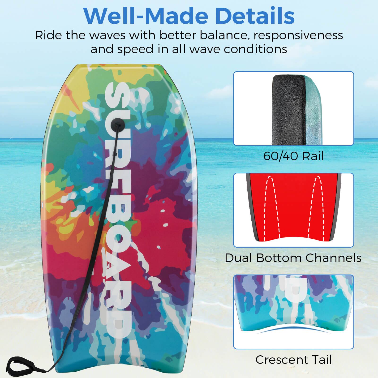 The image features a colorful surfboard with a crescent tail, which is designed to provide better balance, responsiveness, and speed in various wave conditions. The surfboard is made with dual bottom channels, which help improve its performance. The surfboard is also described as having a well-made design, suggesting that it is of high quality and durable.