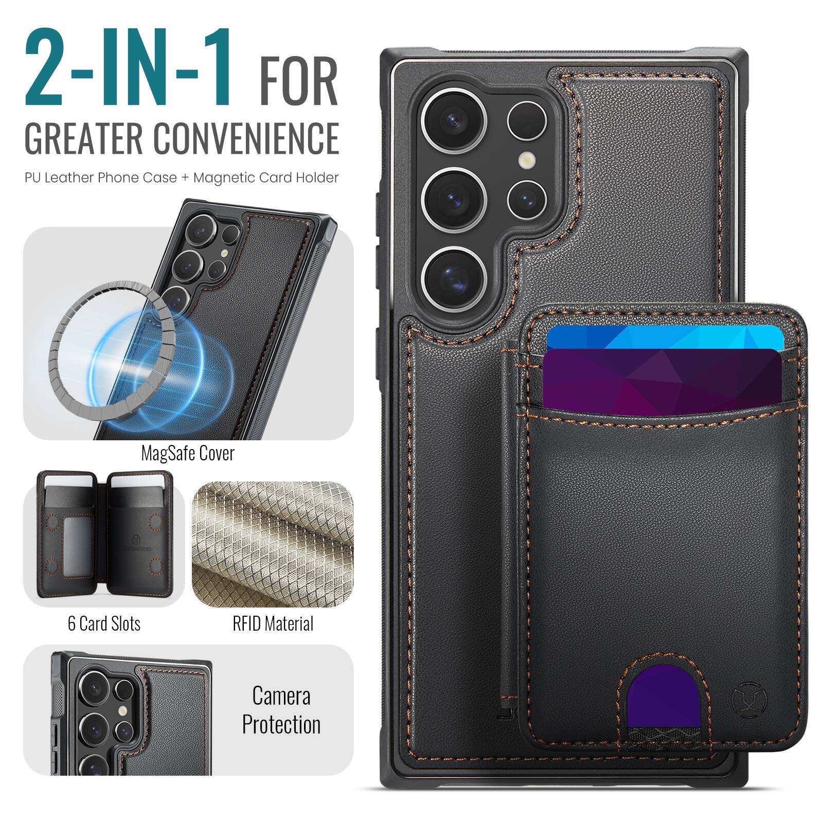 2-IN-1 FOR GREATER CONVENIENCE  
PU Leather Phone Case + Magnetic Card Holder  
MagSafe Cover  
6 Card Slots  
RFID Material  
Camera Protection