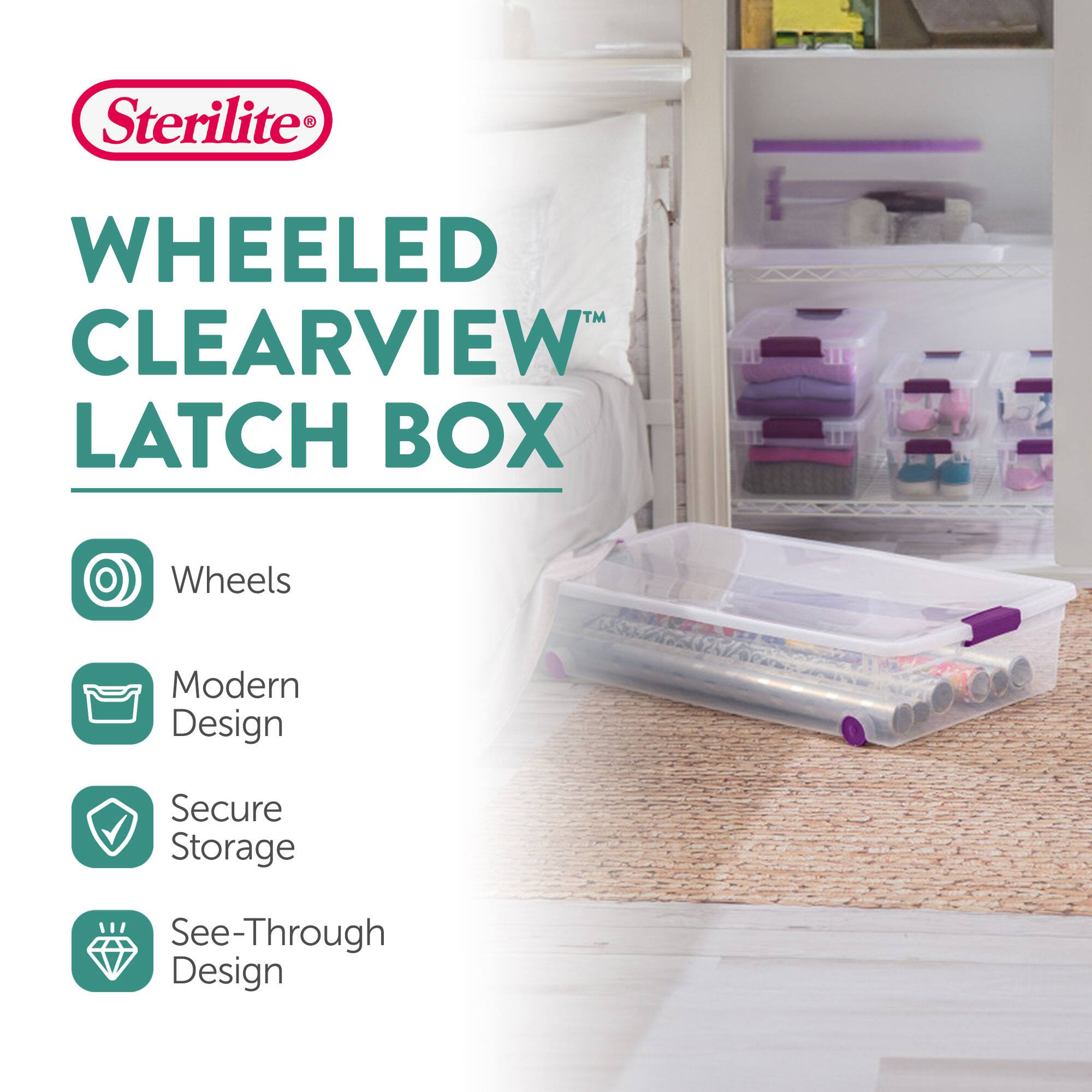Sterilite®  
WHEELED CLEARVIEW LATCH BOX™  
- Wheels  
- Modern Design  
- Secure Storage  
- See-Through Design