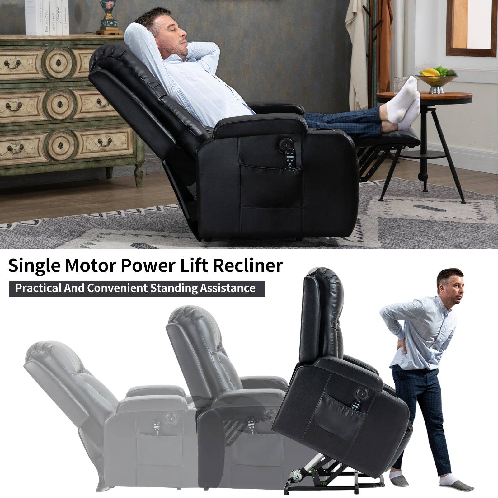 The text on the image reads: "Single Motor Power Lift Recliner Practical and Convenient Standing Assistance."
