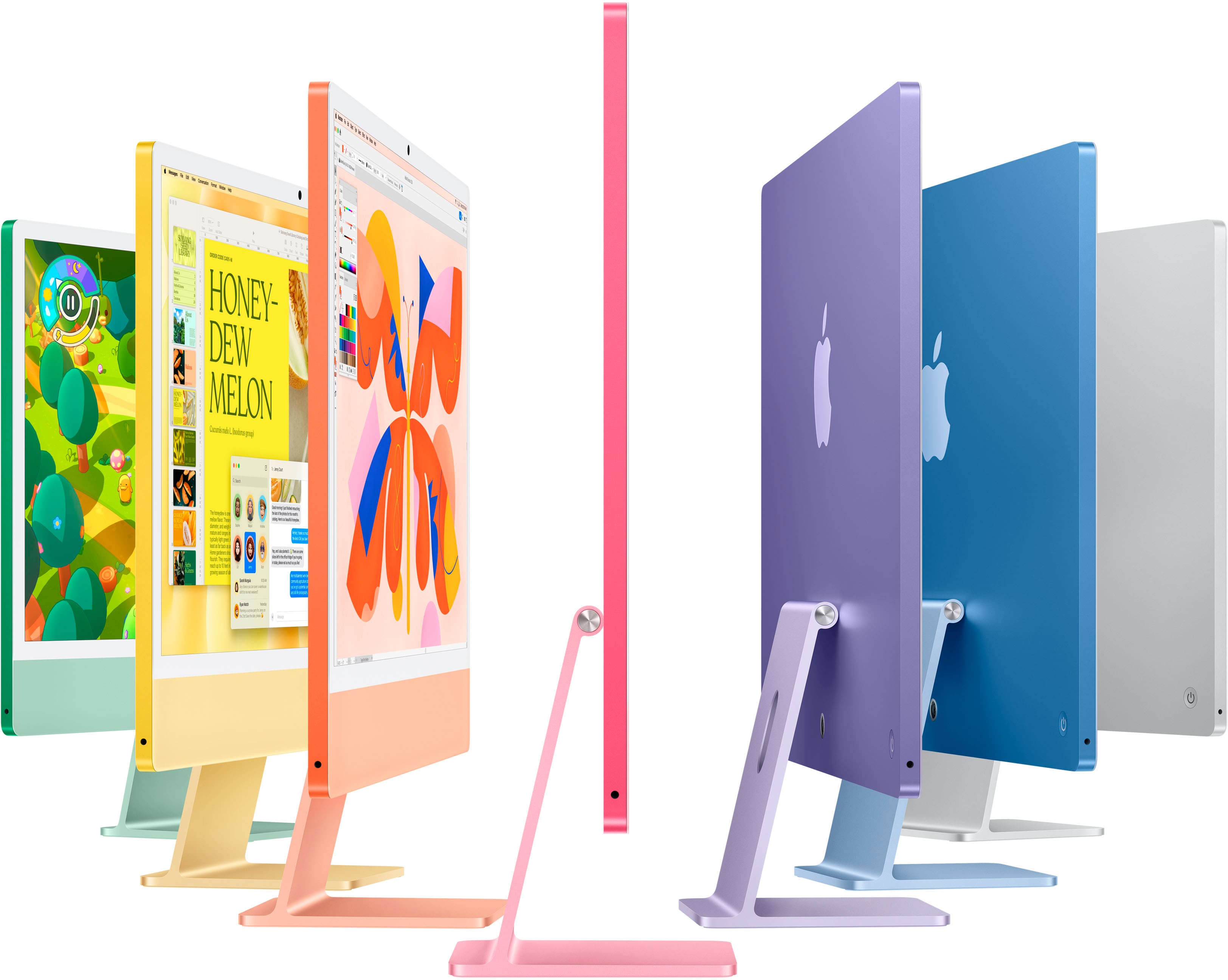 The image shows a row of five computer monitors, each with a different color and a unique design. The monitors are lined up next to each other, with a pink one in the middle, and the other four monitors are positioned on either side of it. The monitors are placed on stands, and each stand has a different color as well. The arrangement of the monitors and stands creates an interesting and visually appealing display.