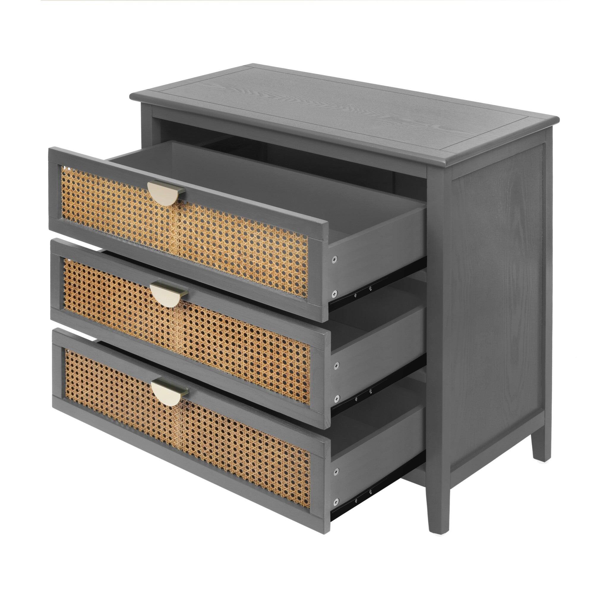 Back. Boyel Living - Gray 30 in. 3 Drawer Cabinet, Natural rattan Suitable for bedroom, living room, study - Gray.