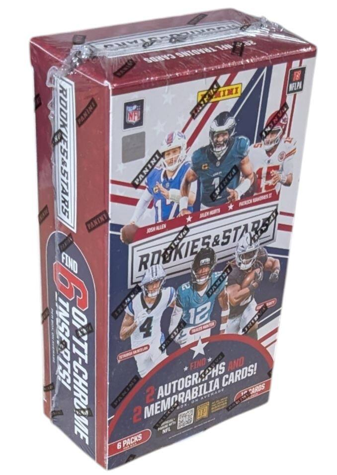 Panini NFL Rookies & Stars Mini Box

- 6 Packs
- 2 Autographs & Memorabilia Cards on Average
- 2 Autographs & Memorabilia Cards
- 191 Cards per Box
- 6 Packs per Box
- Includes Josh Allen, Patrick Mahomes, Jalen Hurts, Travis Kelce, and more