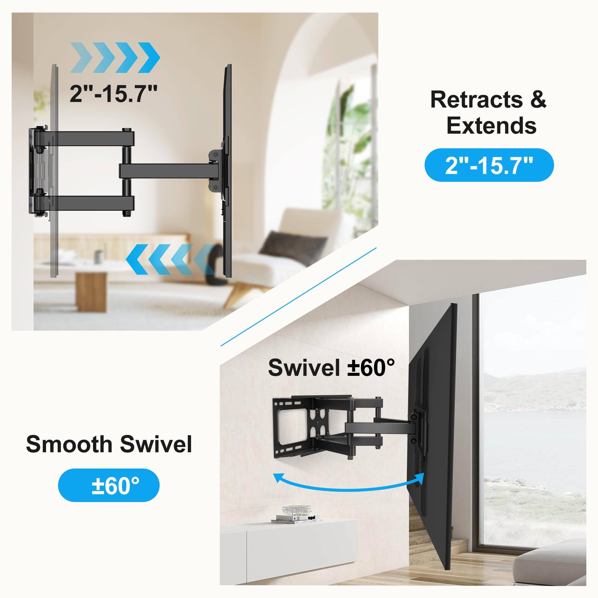 - Retracts & Extends: 2"-15.7"
- Smooth Swivel: ±60°