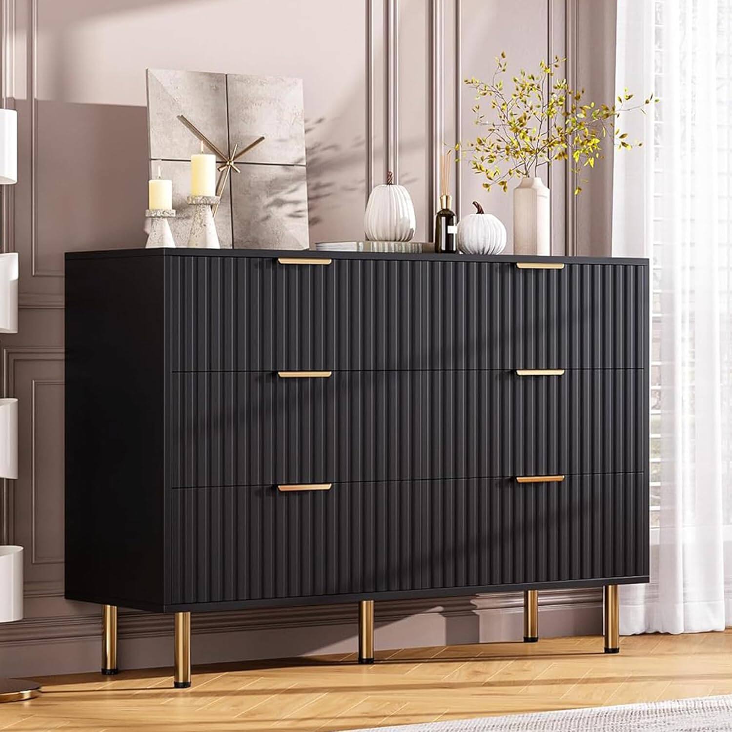 Front. Homhougo - Black 6 Drawer Dresser for Bedroom, Fluted Dresser with Large Drawers and Sturdy Gold Legs Support, Dressers & Chests - Black.