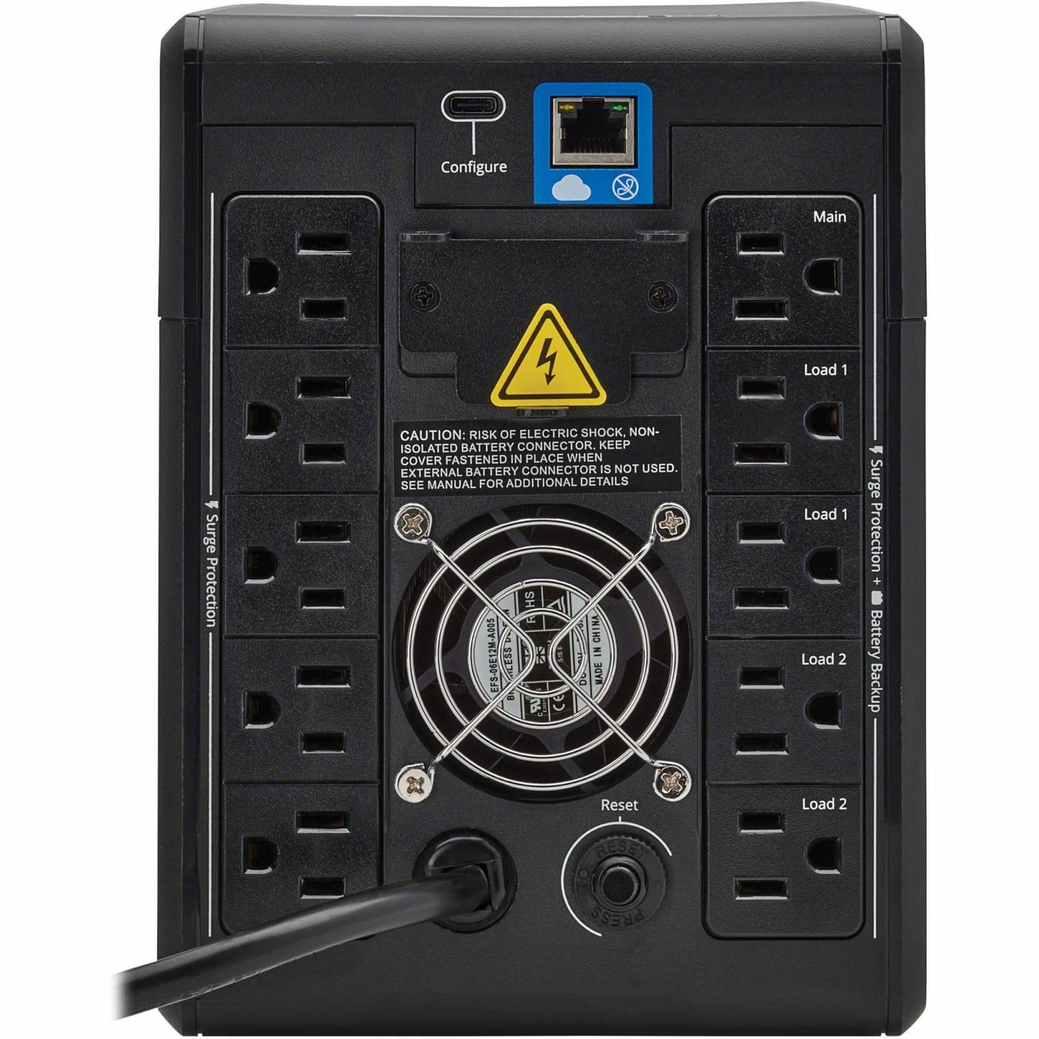 Configure  
Main  
Load 1  
Load 2  
Load 2  

Surge Protection + Battery Backup  

CAUTION: RISK OF ELECTRIC SHOCK, NON-ISOLATED BATTERY CONNECTOR. KEEP COVER FASTENED IN PLACE WHEN EXTERNAL BATTERY CONNECTOR IS NOT USED. SEE MANUAL FOR ADDITIONAL DETAILS  

Reset  

HS ADOS 2 CHINA  
EFS-06E1  
SLEBS  
n0  
MADE IN CHINA