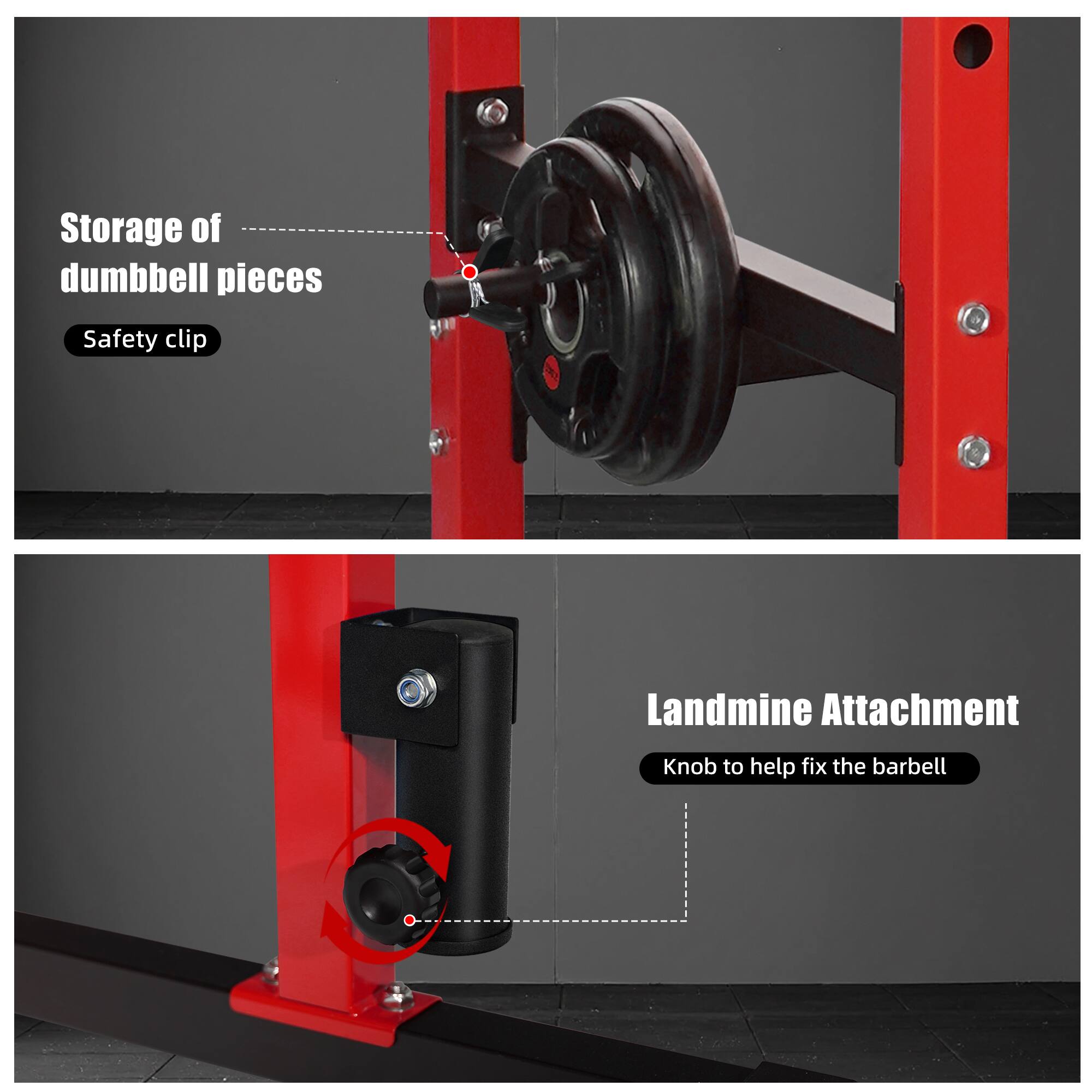 Storage of dumbbell pieces  
Safety clip  

Landmine Attachment  
Knob to help fix the barbell