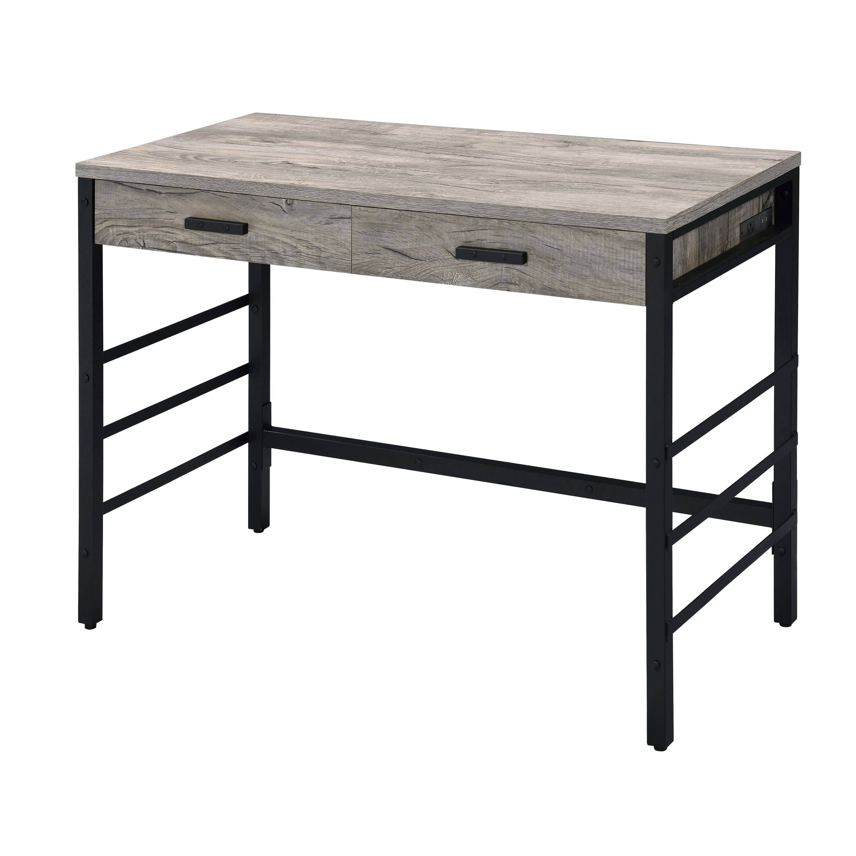 Angle. TinyHomie - Light Weathered Oak and Black Writing Desk with 2 Drawers - Black and Brown.