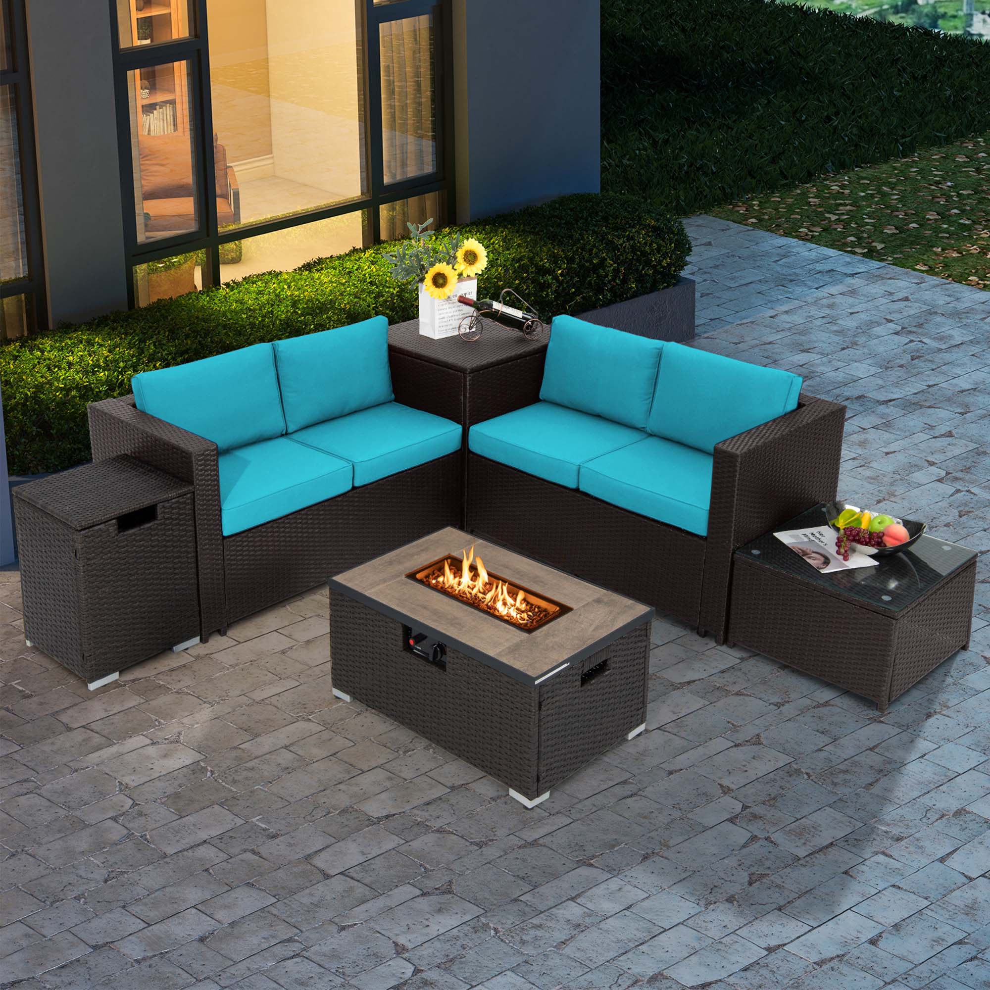 Alt View 2. Costway - Costway 6PCS Patio Rattan Furniture Set 32" Fire Pit Table Tank Holder - Turquoise.