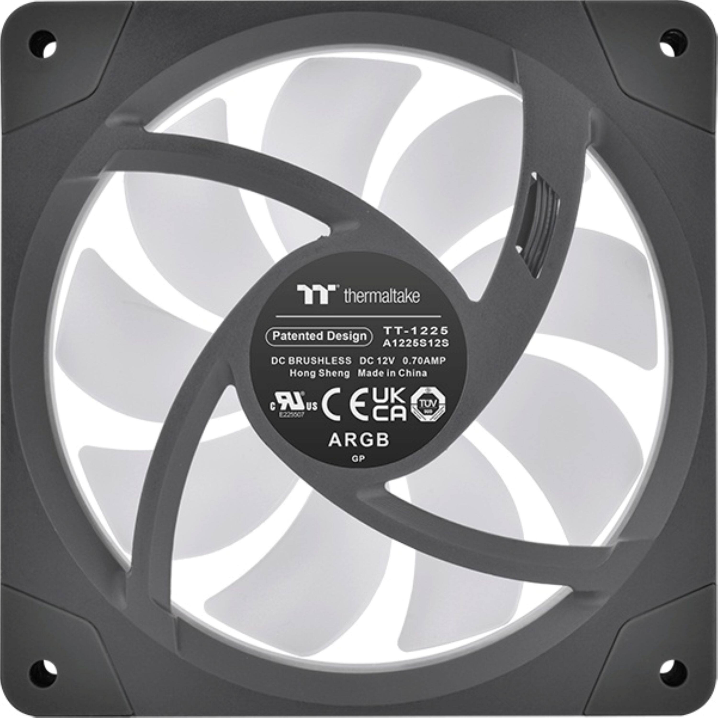 "Thermaltake Patented TT-1225 Design A1225S12S DC BRUSHLESS DC 12V 0.70AMP Hong Sheng Made in China LR UK TOV EZ2300 US C E CA ARGB GP."