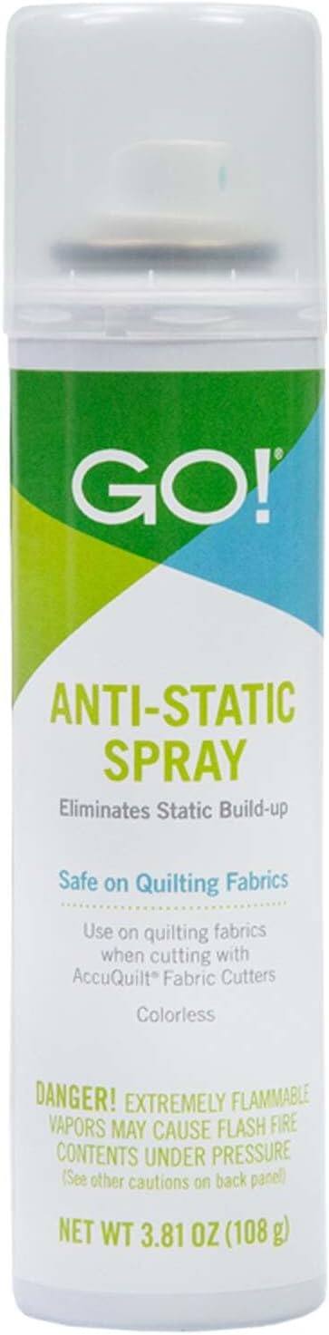 GO! ANTI-STATIC SPRAY Eliminates Static Build-up Safe on Quilting Fabrics Use on quilting fabrics when cutting with AccuQuilt Fabric Cutters Colorless DANGER! EXTREMELY FLAMMABLE VAPORS MAY CAUSE FLASH FIRE CONTENTS UNDER PRESSURE (See other cautions on back panel) NET WT 3.81 OZ (108 g)