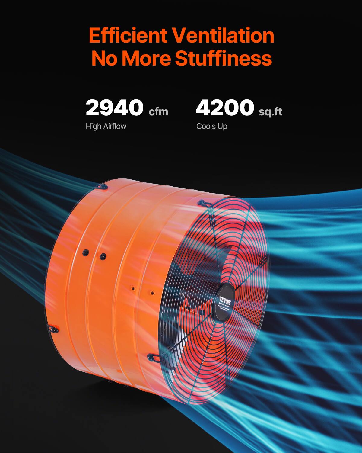 Efficient Ventilation No More Stuffiness  
2940 cfm High Airflow  
4200 sq.ft Cools Up  
VEVOR