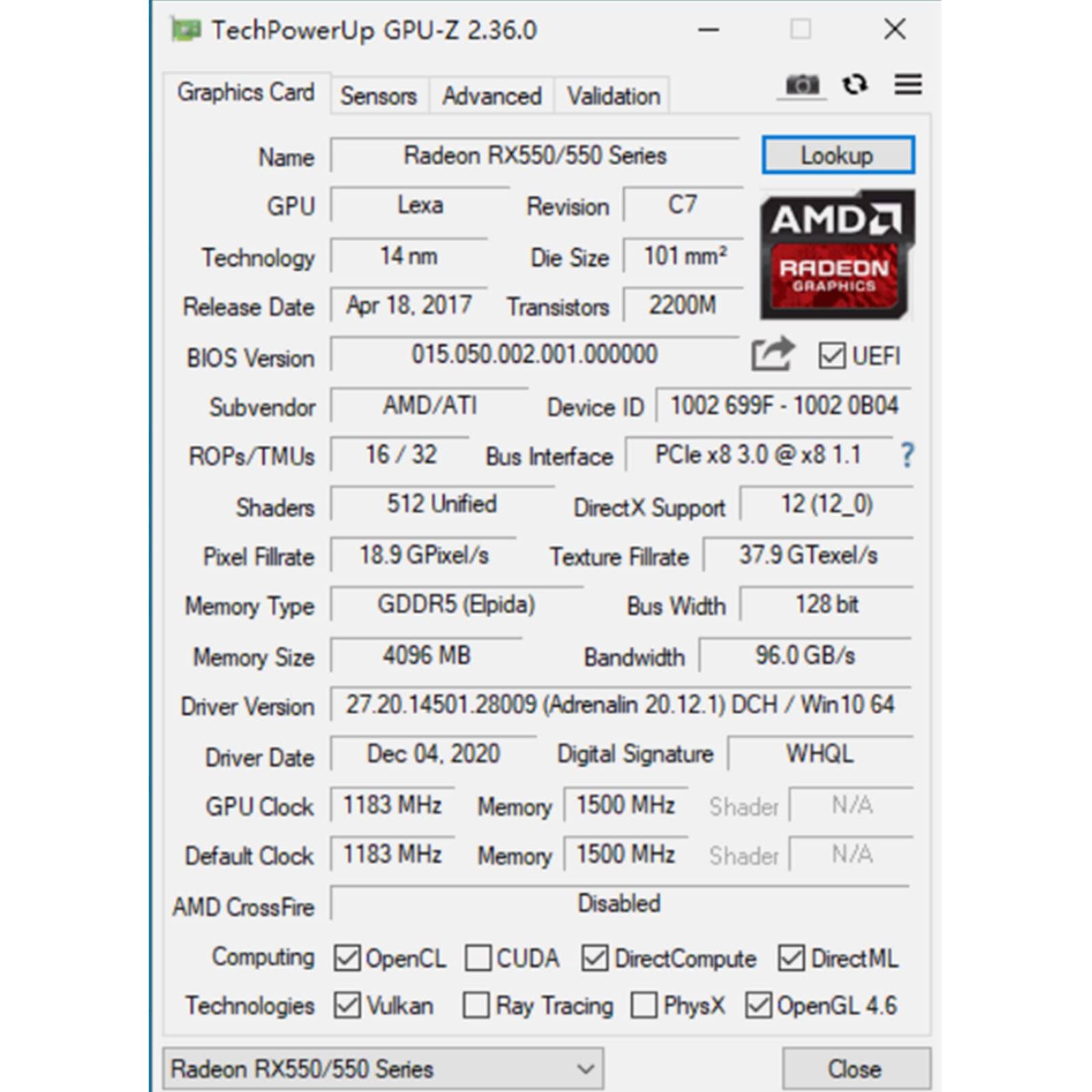 Sure, here is the corrected and grouped text from the image:

---

**TechPowerUp GPU-Z 2.36.0**

**Graphics Card:**
- **Name:** Radeon RX550/550 Series
- **GPU:** Lexa
- **Revision:** C7
- **Technology:** 14 nm
- **Die Size:** 101 mm²
- **Release Date:** Apr 18, 2017
- **Transistors:** 2200M
- **BIOS Version:** 015.050.002.001.000000
- **Subvendor:** AMD/ATI
- **Device ID:** 1002 699F - 1002 0B04
- **ROPs/TMUs:** 16 / 32
- **Shaders:** 512 Unified
- **Pixel Fillrate:** 18.9 GPixel/s
- **Texture Fillrate:** 37.9 GTexel/s
- **Memory Type:** GDDR5 (Elpida)
- **Memory Size:** 
