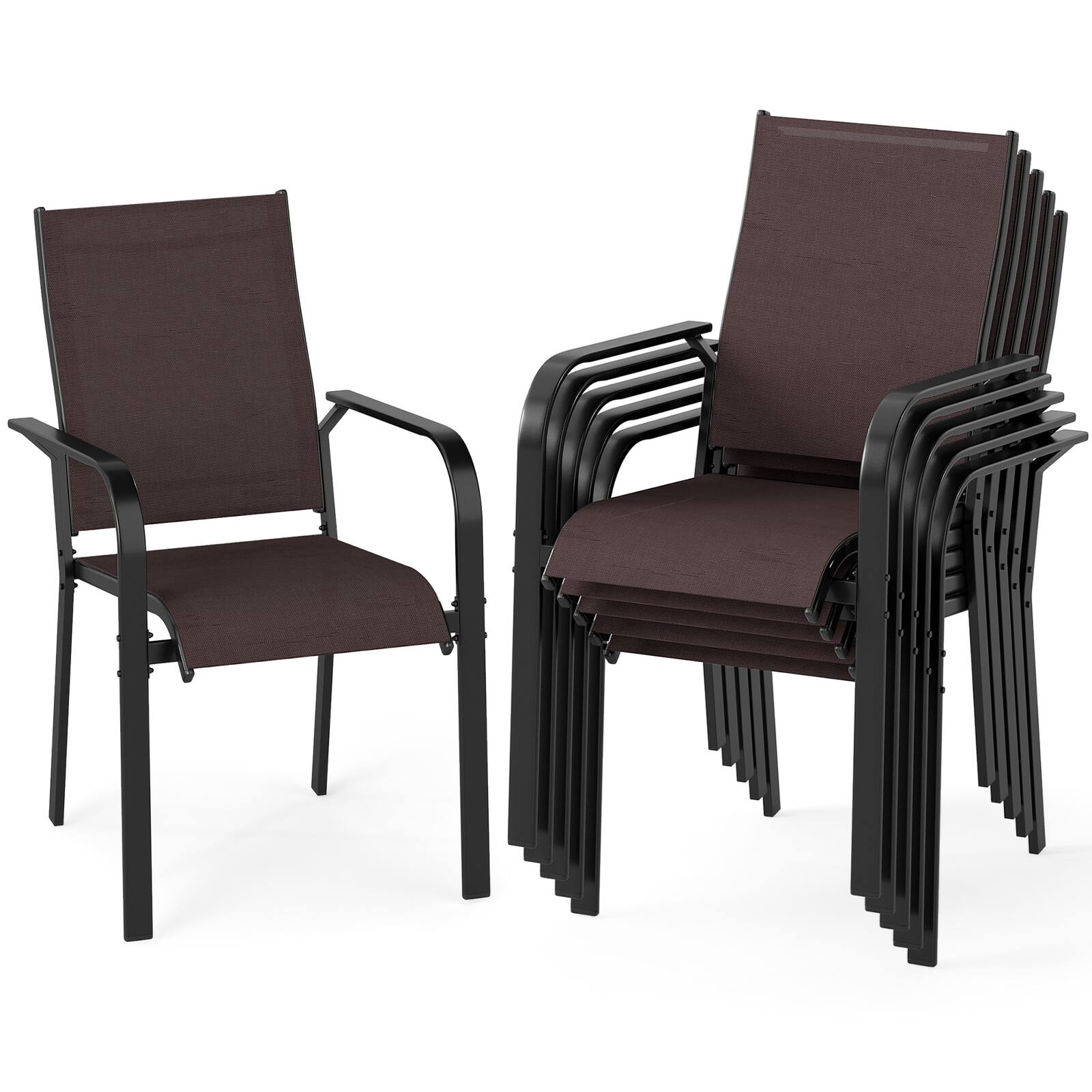 Front. Gymax - Gymax Patio Dining Chairs Set of 6 Stackable Outdoor Armchairs w/Metal FrameBackrest - Brown.
