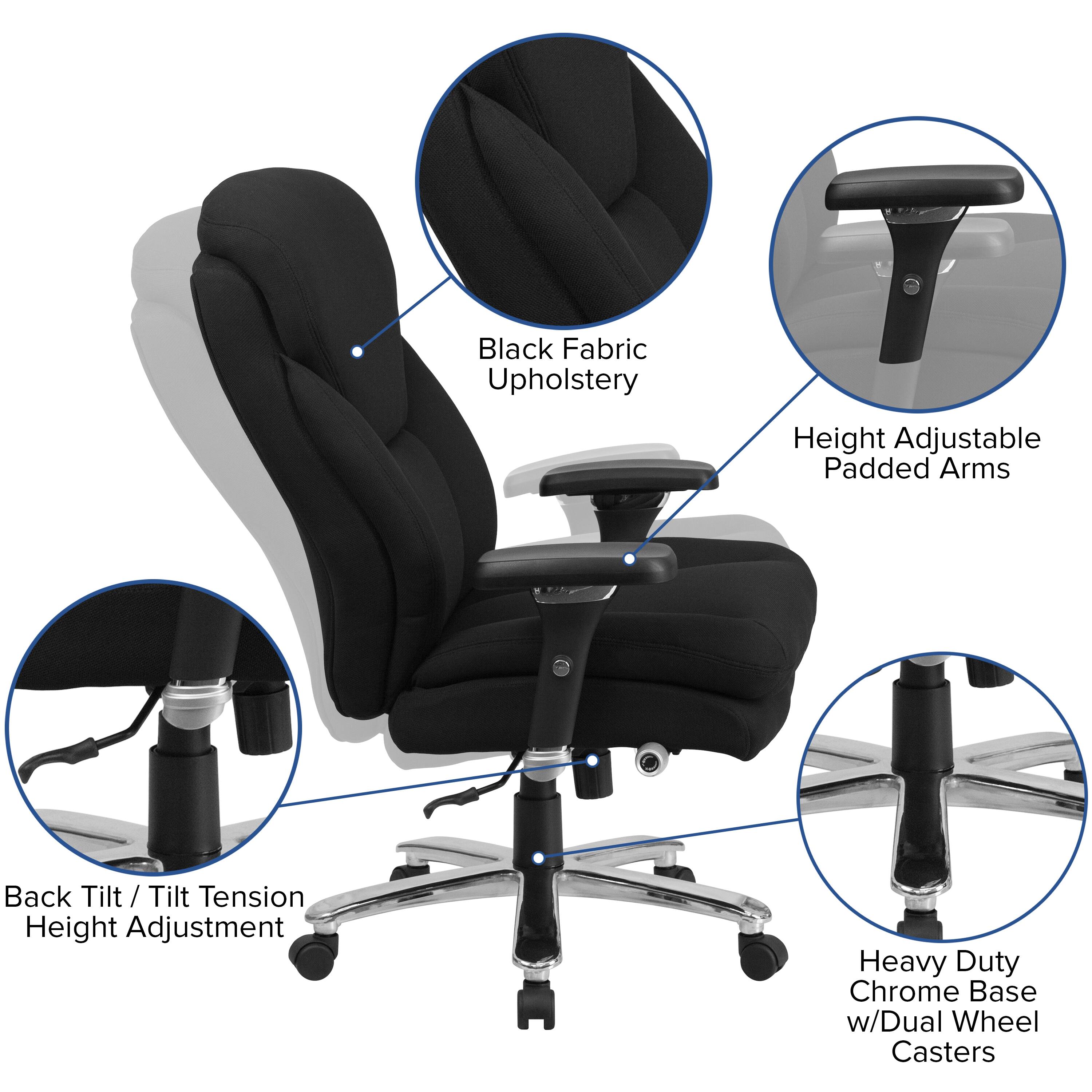 Black Fabric Upholstery  
Height Adjustable Padded Arms  
Back Tilt / Tilt Tension Height Adjustment  
Heavy Duty Chrome Base w/Dual Wheel Casters