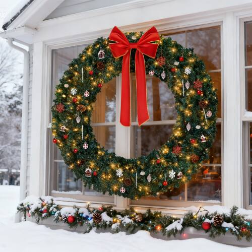 Alt View 8. Winado - 72in Pre-Lit Christmas Wreath with LED Lights, Bows, Ornaments for Door Wall Indoor Outdoor Holiday Party Decorations - Green.