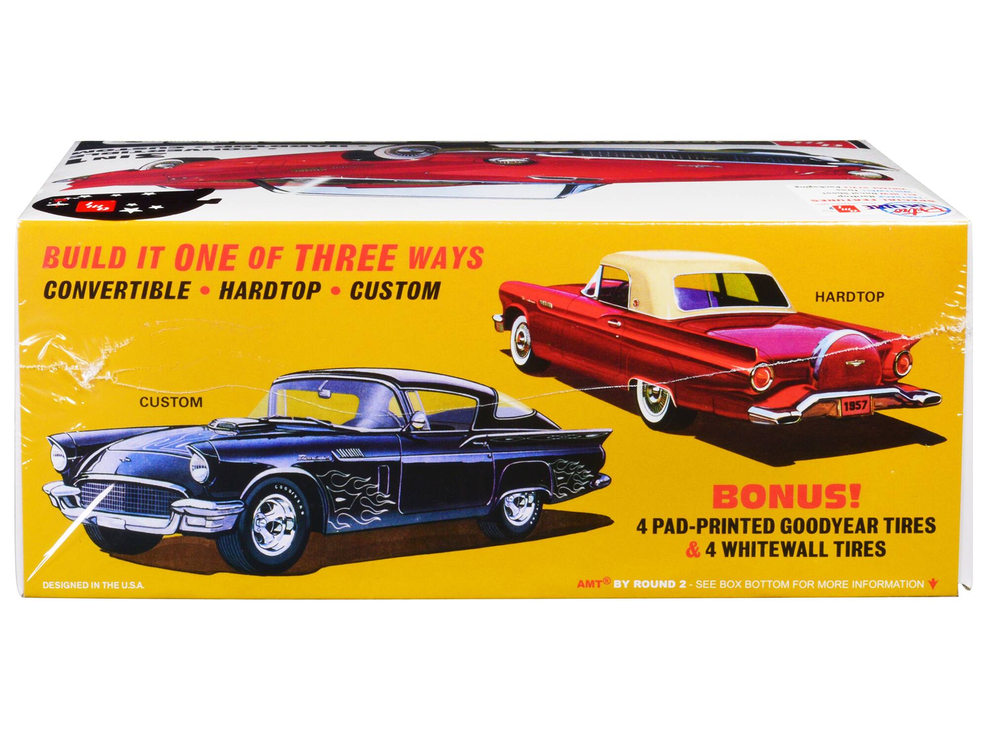 Build it one of three ways: Convertible, Hardtop, Custom. 1957 Bonus! 4 pad-printed Goodyear tires & 4 whitewall tires. Designed in the U.S.A. AMT by Round 2 - See box bottom for more information.