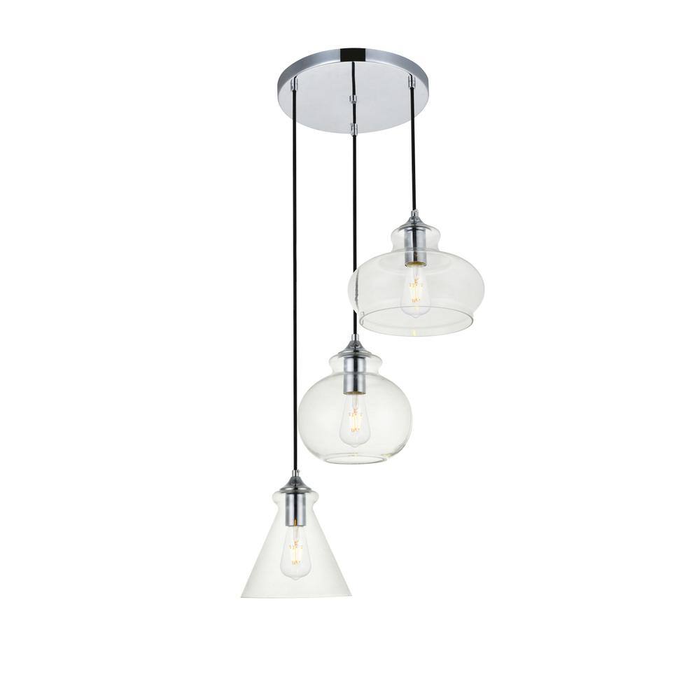 Alt View 2. Living District - Destry 3 Lights Chrome Pendant With Clear Glass - Chrome And Clear.