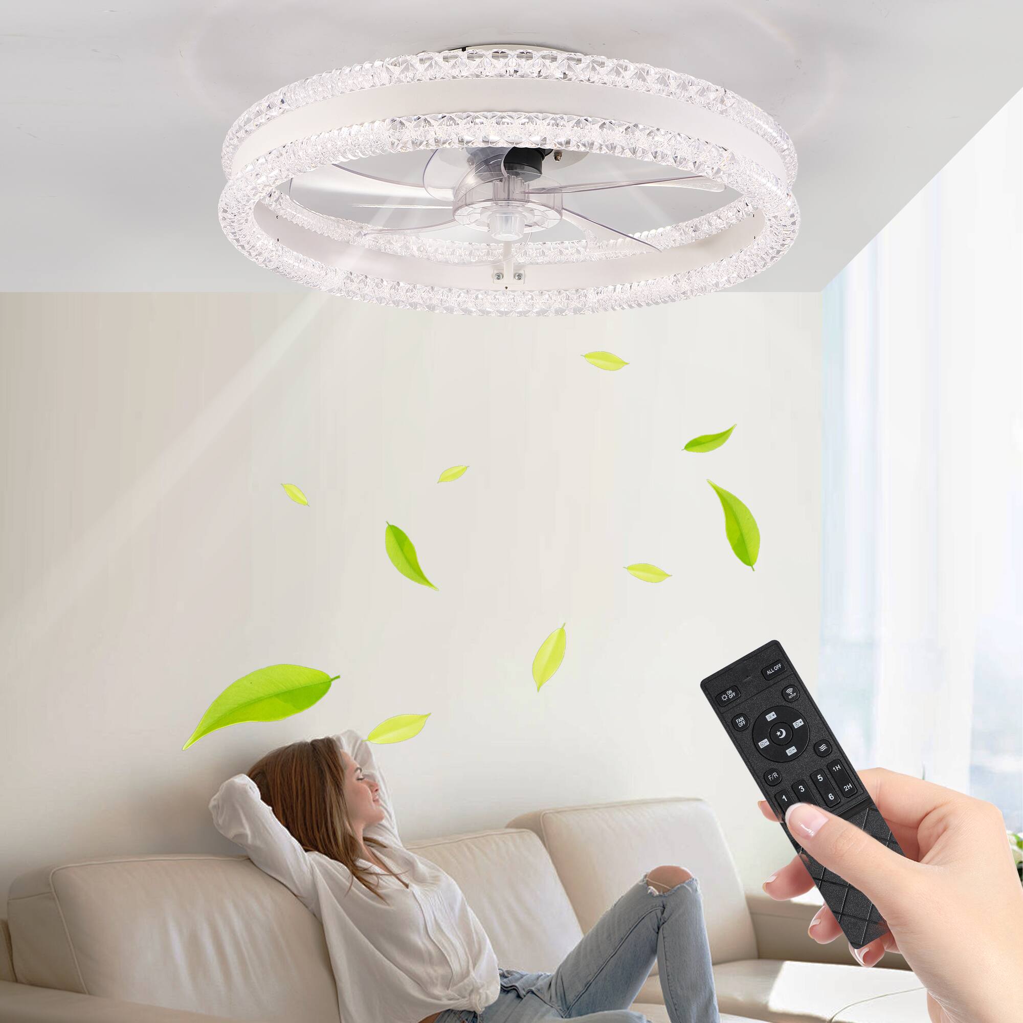 Angle. TinyHomie - 20 Luxury Double Ring LED Ceiling Fan with Light Modern Flush Mount.