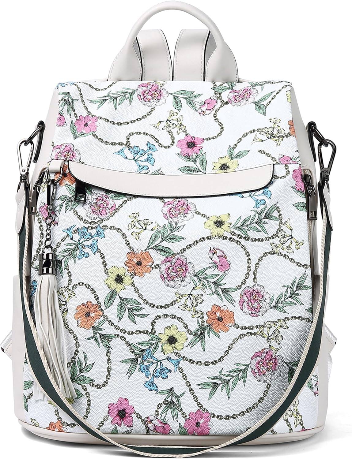 Front. Live At Space - Telena Backpack Purse Women, Leather Theft Travel Shoulder Tassel - Floral.