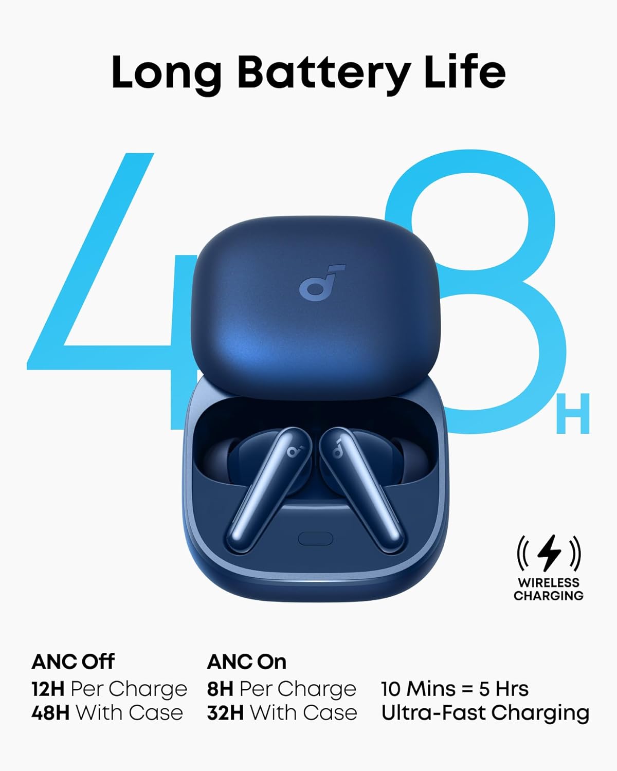 Long Battery Life

48H

ANC Off
12H Per Charge
48H With Case

ANC On
8H Per Charge
32H With Case

10 Mins = 5 Hrs
Ultra-Fast Charging

Wireless Charging
