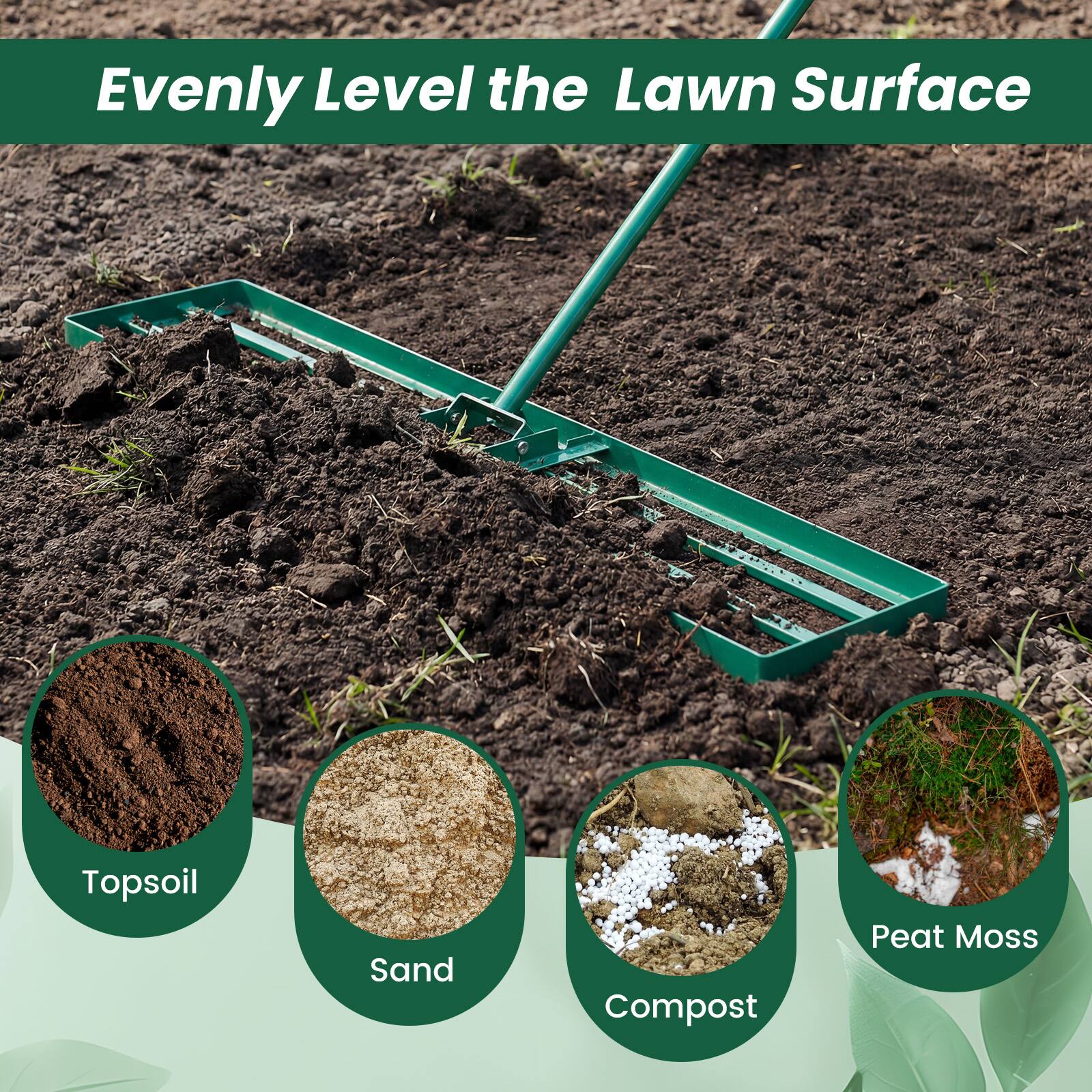 Evenly Level the Lawn Surface

- Topsoil
- Sand
- Compost
- Peat Moss