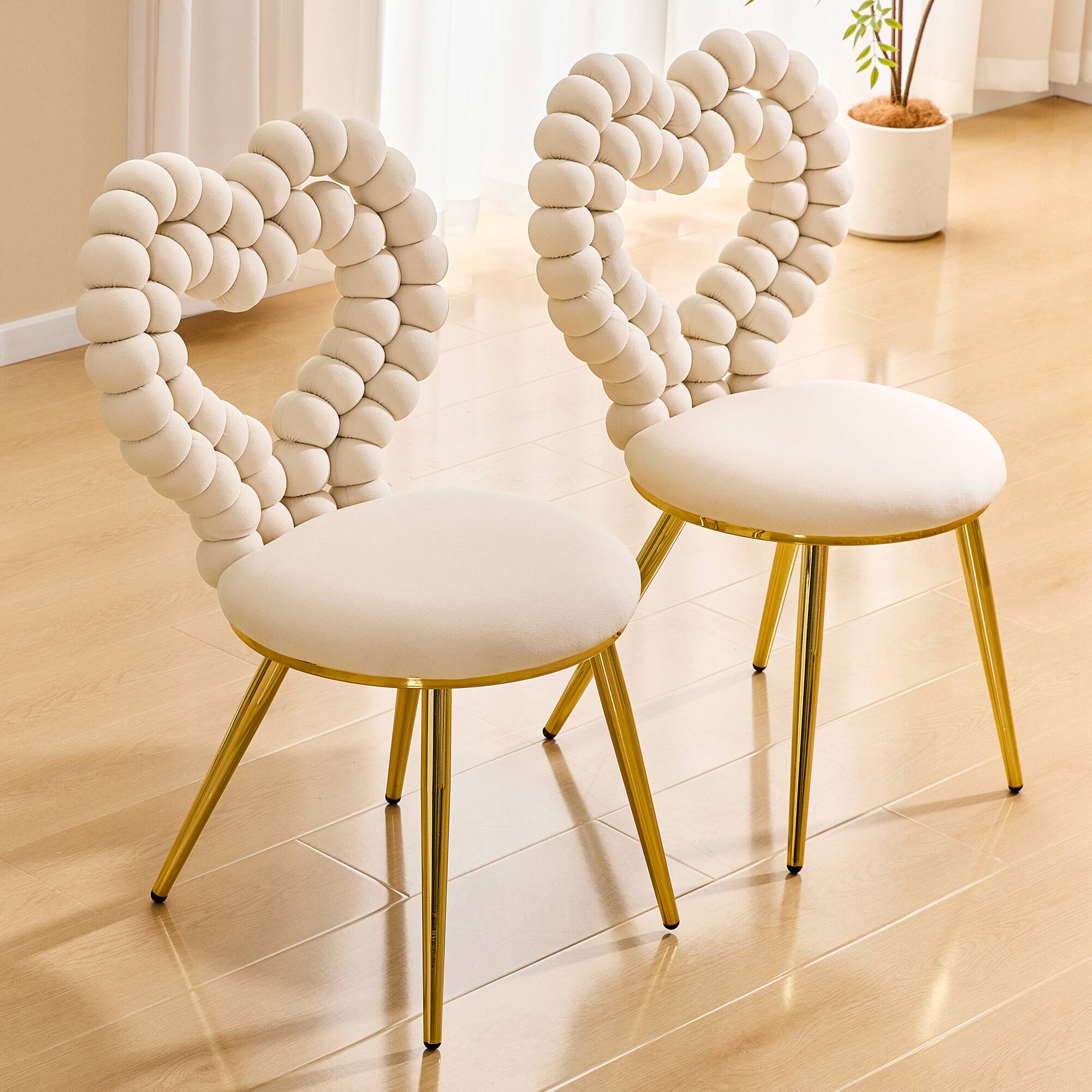 Angle. Loheer - Loheer Heart Accent Chair, Bubble Tufted Velvet Dining Chair with Gold Metal Frame, Cute Vanity Seating, 2 ft - Beige,Gold.