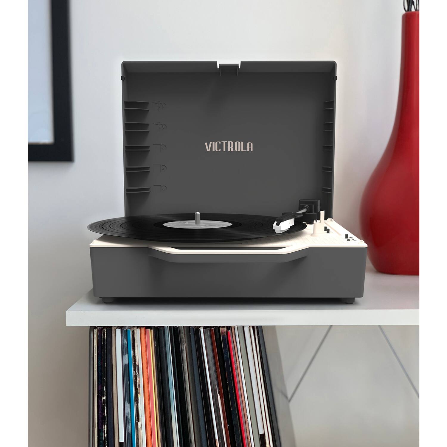 Alt View 27. Victrola - Re-Spin Sustainable Bluetooth Suitcase Record Player - Graphite Grey.