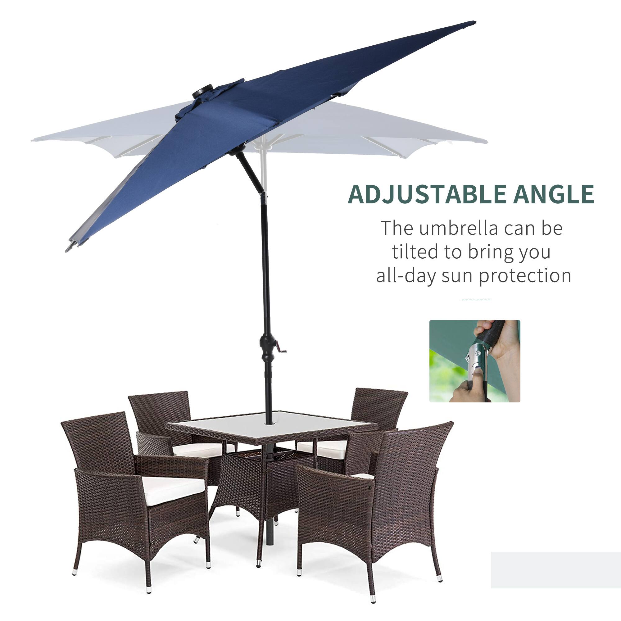 ADJUSTABLE ANGLE
The umbrella can be tilted to bring you all-day sun protection