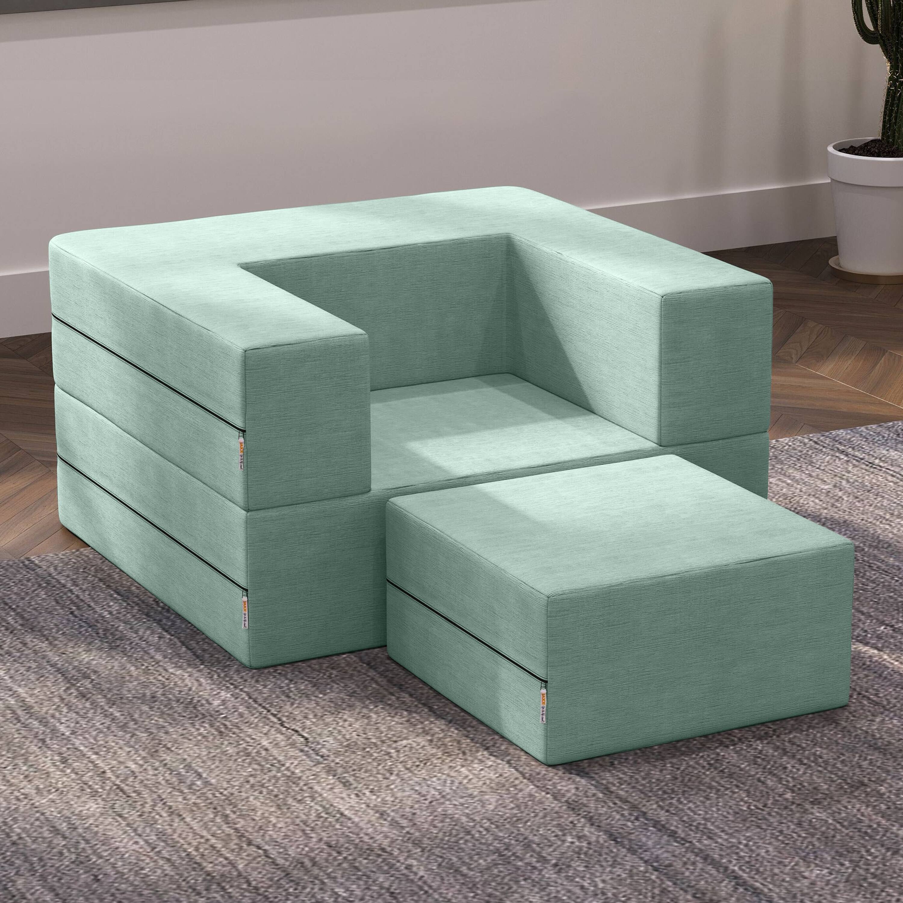 Left. Jaxx - Jaxx Zipline Convertible Sleeper Futon Chair & Ottoman with Machine-Washable Cover, Caribbean - Caribbean.