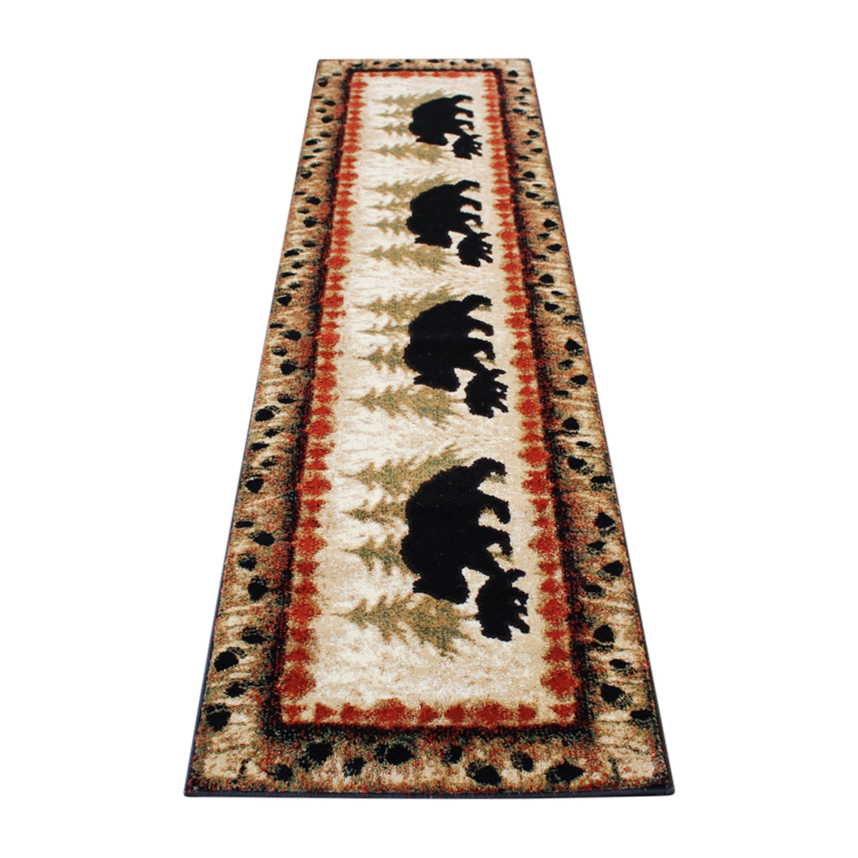 Alt View 1. Emma + Oliver - Rustic Cabin Theme Accent Rug with Bear and Cub Design with Trees in Background and Bear Track Patterned Edges - Brown.