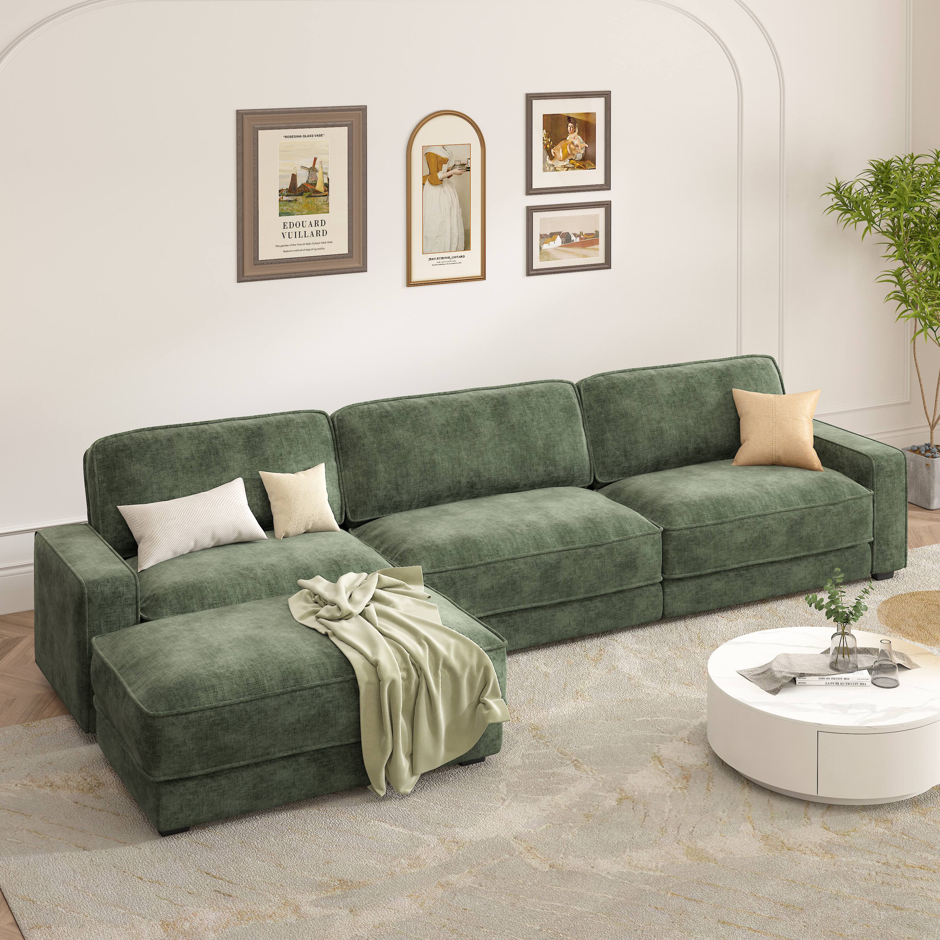 Vipbear - 119" L Shaped Couch Modular Sectional Sleeper Sofa, CHENILLE Fabric, Tool-Free Assembly,Green - Green