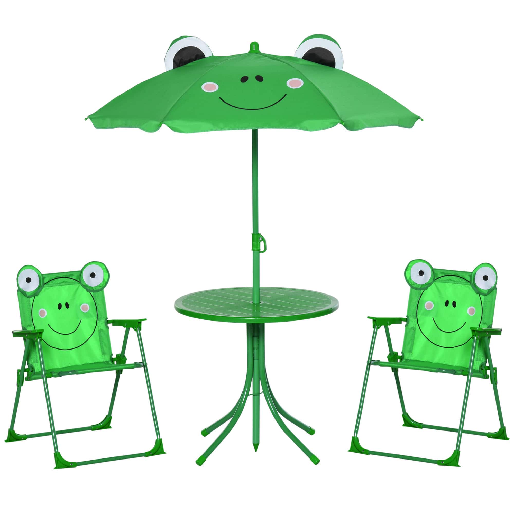 Outsunny - Folding Kids Table and Chair Set, Picnic Table with Frog Pattern Removable, Height Adjustable Sun Umbrella for Garden - Green
