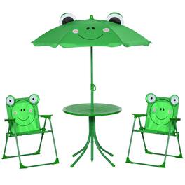 Outsunny - Folding Kids Table and Chair Set, Picnic Table with Frog Pattern Removable, Height Adjustable Sun Umbrella for Garden - Green