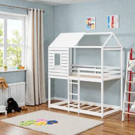 Hivvago - Playhouse Twin Over Twin Bunk Bed Featuring Roof and Safety Rails - White